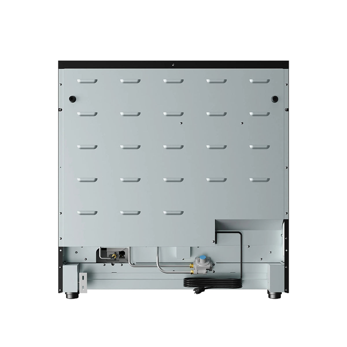 Gas range rear access panel with stainless backing and connection fittings