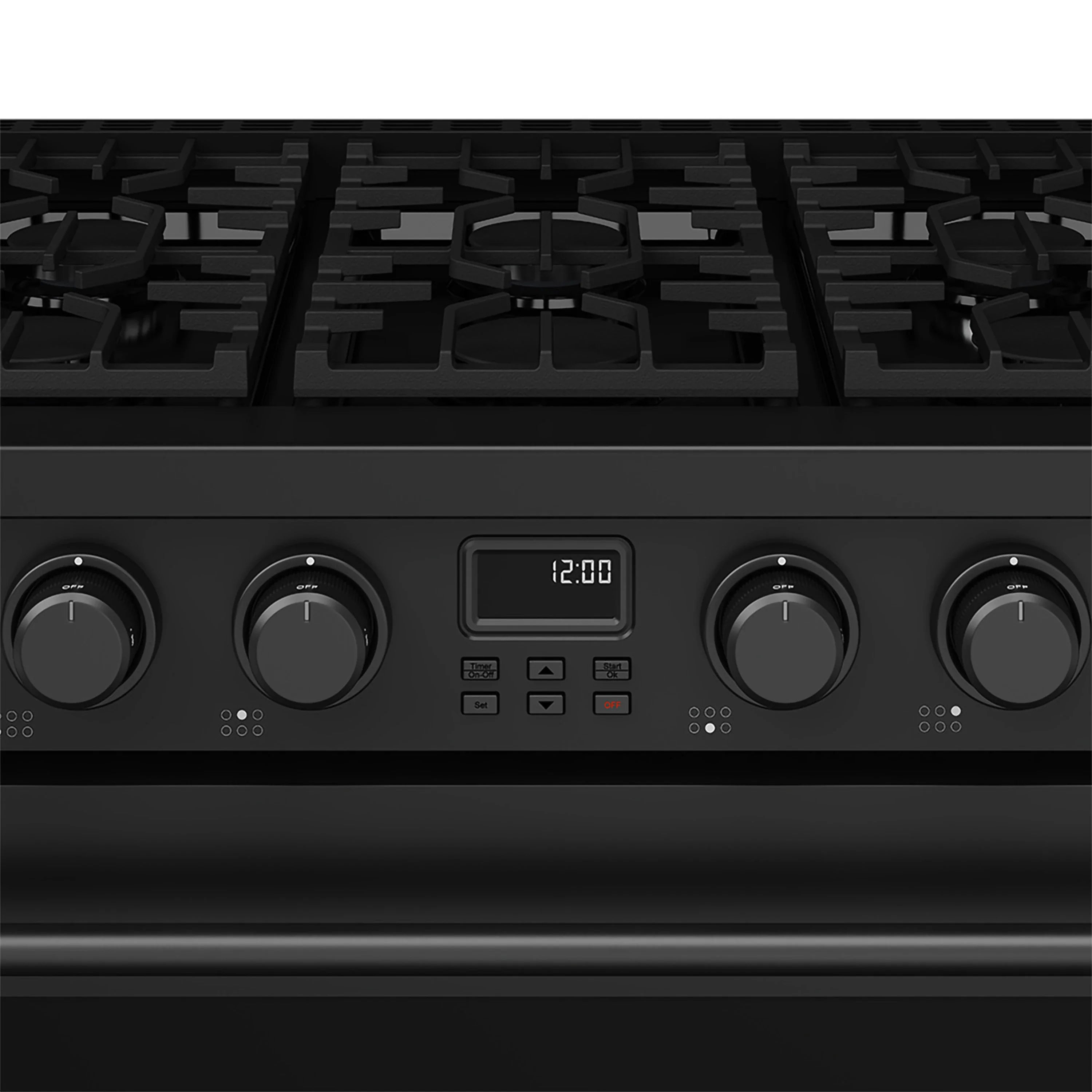 Black gas range control panel with four burner knobs and digital clock display