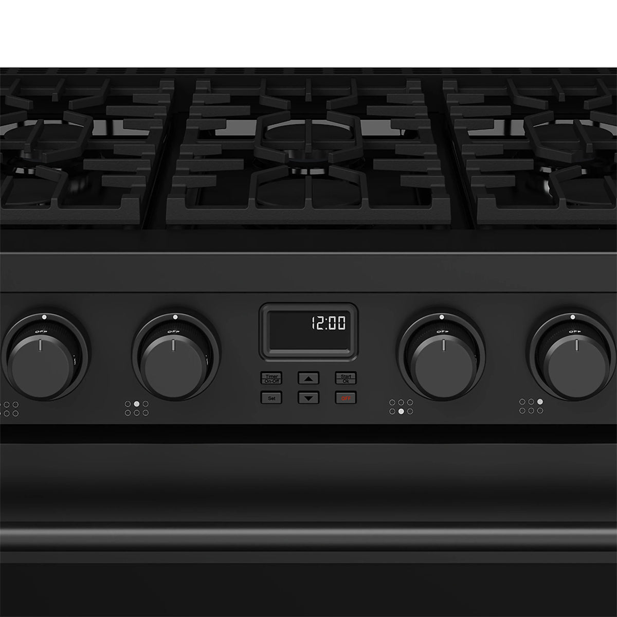Close-up of black gas range control panel with clock display and knobs