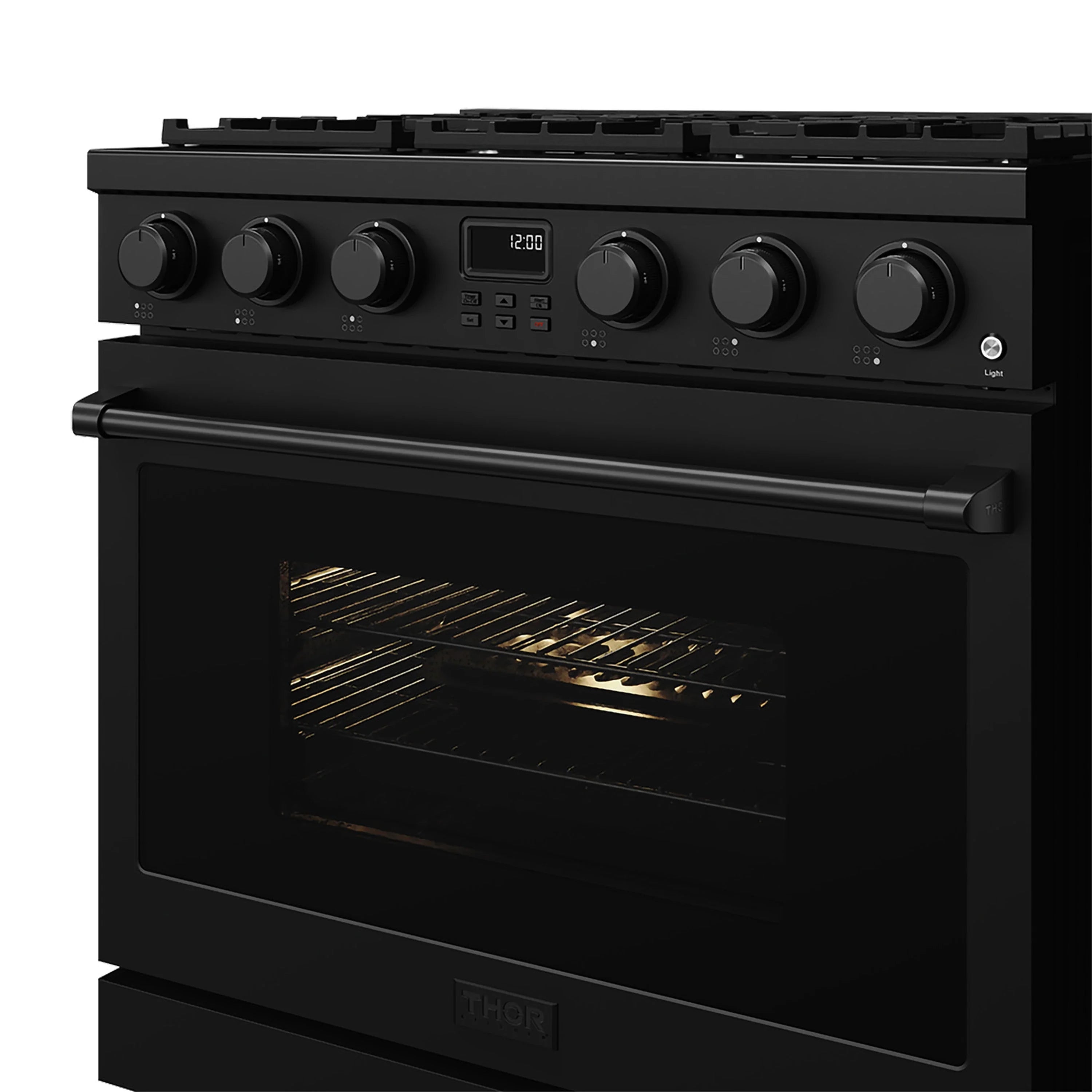 Black 36-inch gas range oven with open door and lit interior, front view