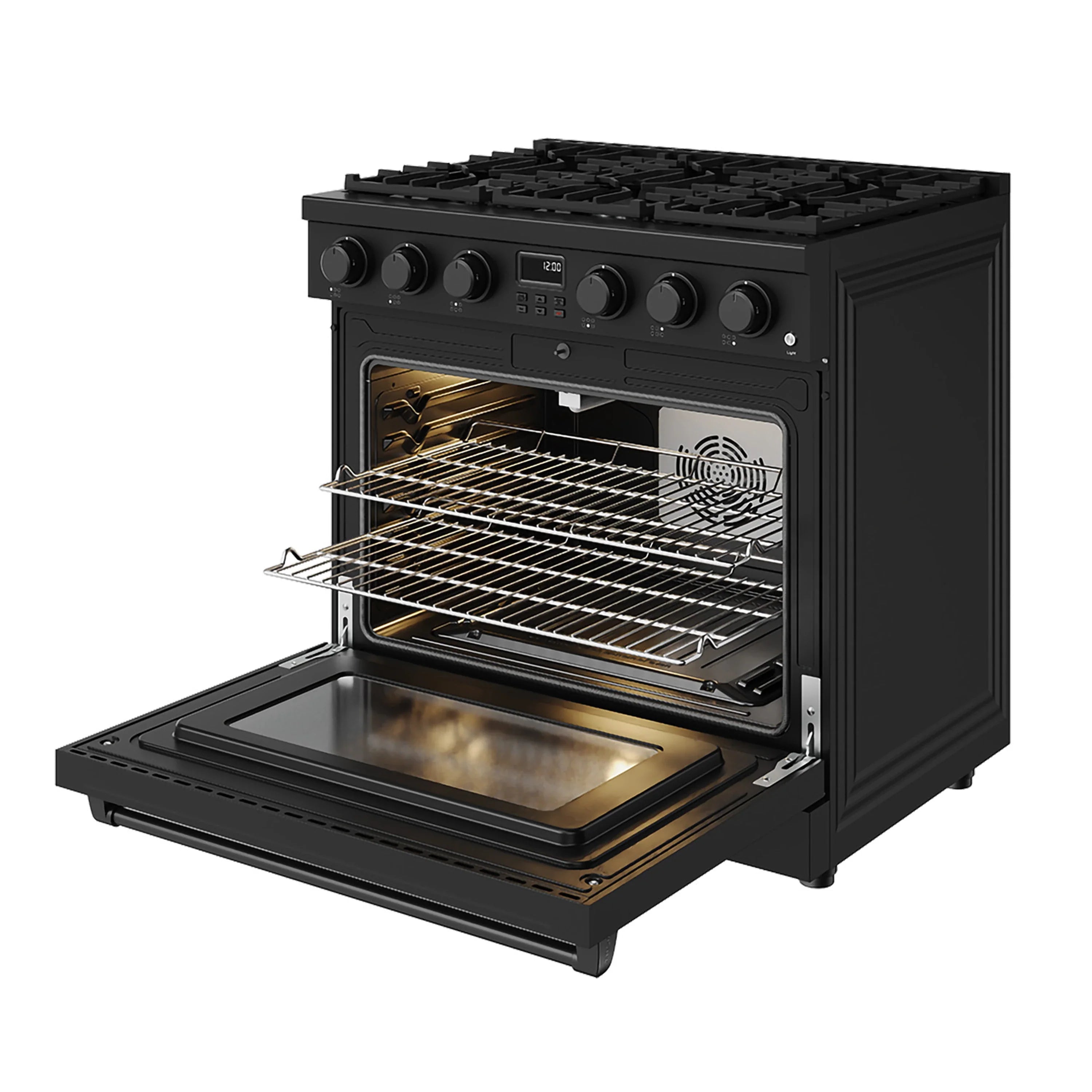 Black gas range oven door open showing racks, fan, and lit cooking interior