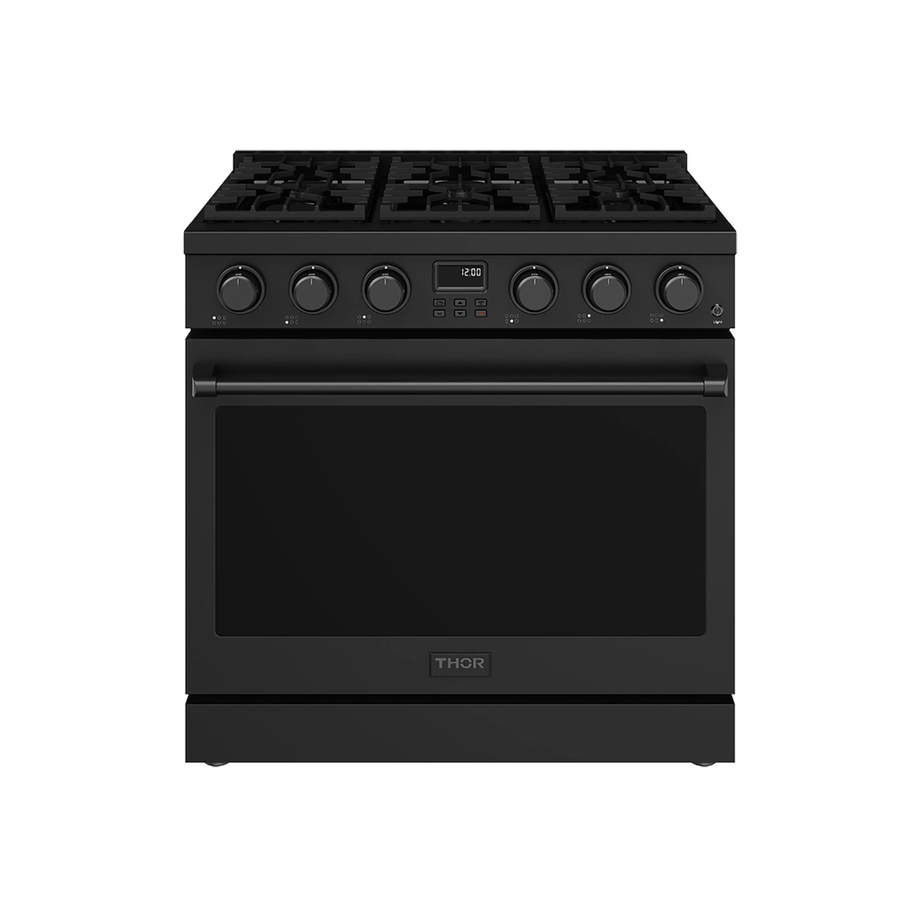 Thor Kitchen black gas range with six burners and convection oven, front control panel