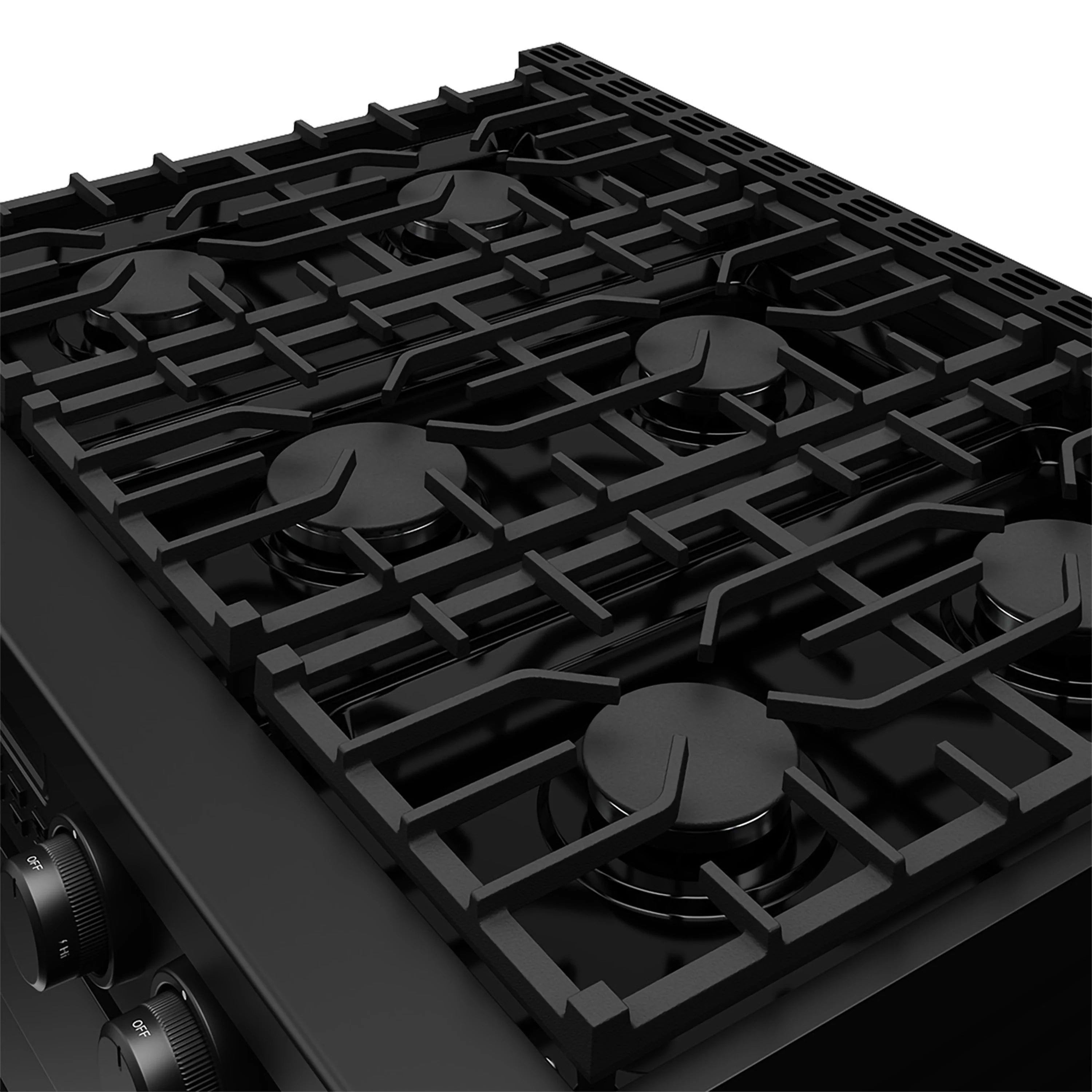 Black propane gas range cooktop burner grates, close-up