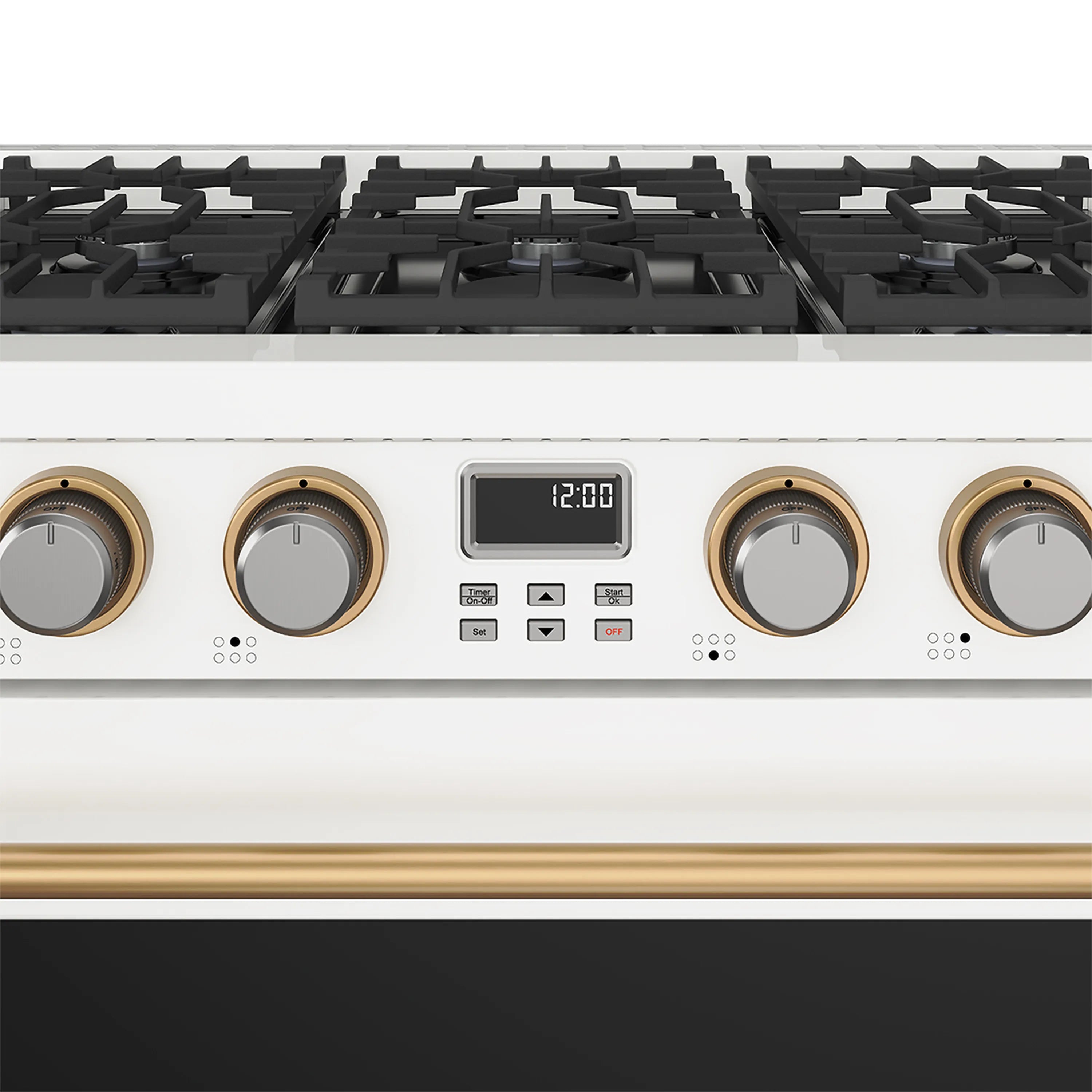White gas range cooktop with black grates, bronze-ring knobs, and digital clock