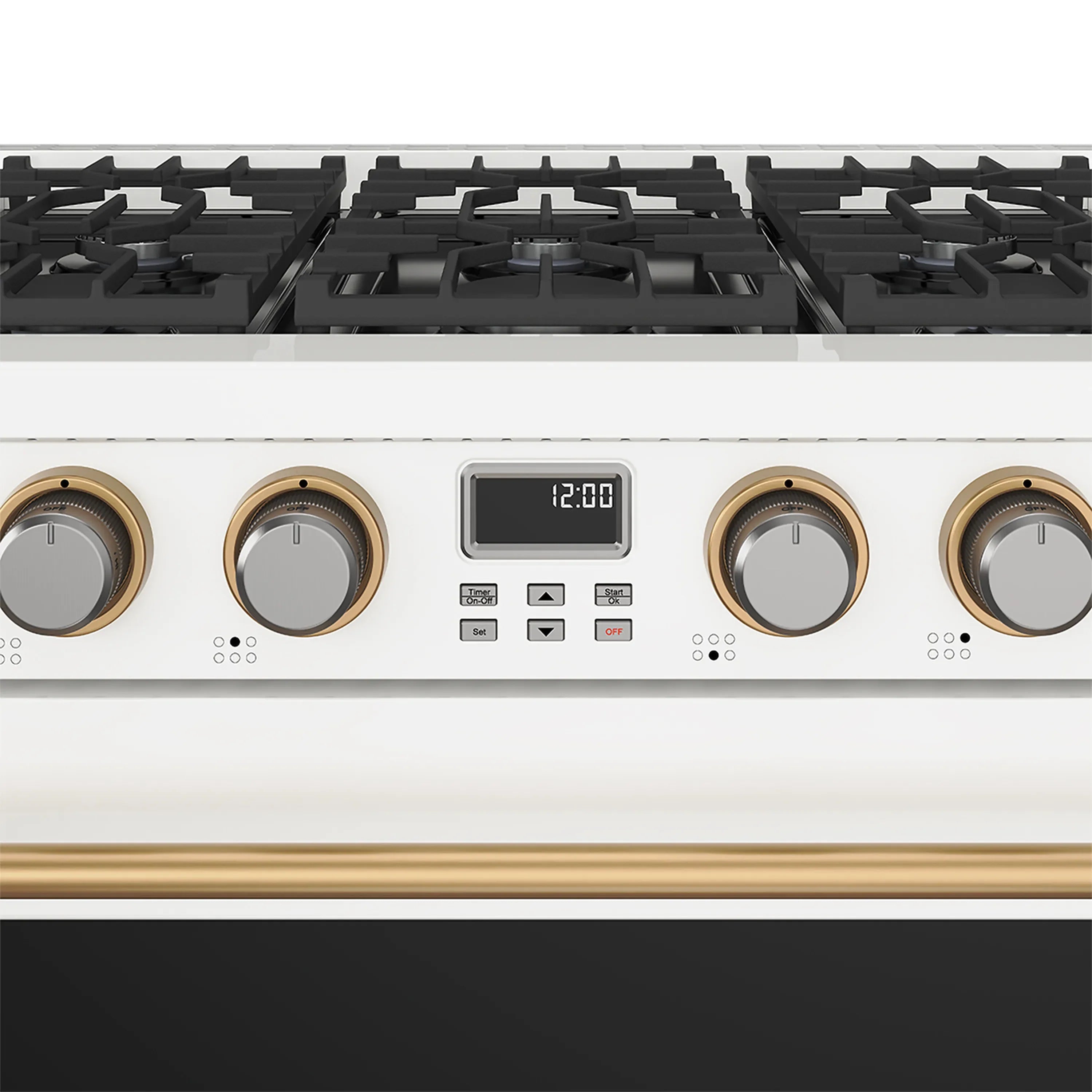White propane gas range control panel with bronze-trimmed knobs and digital display