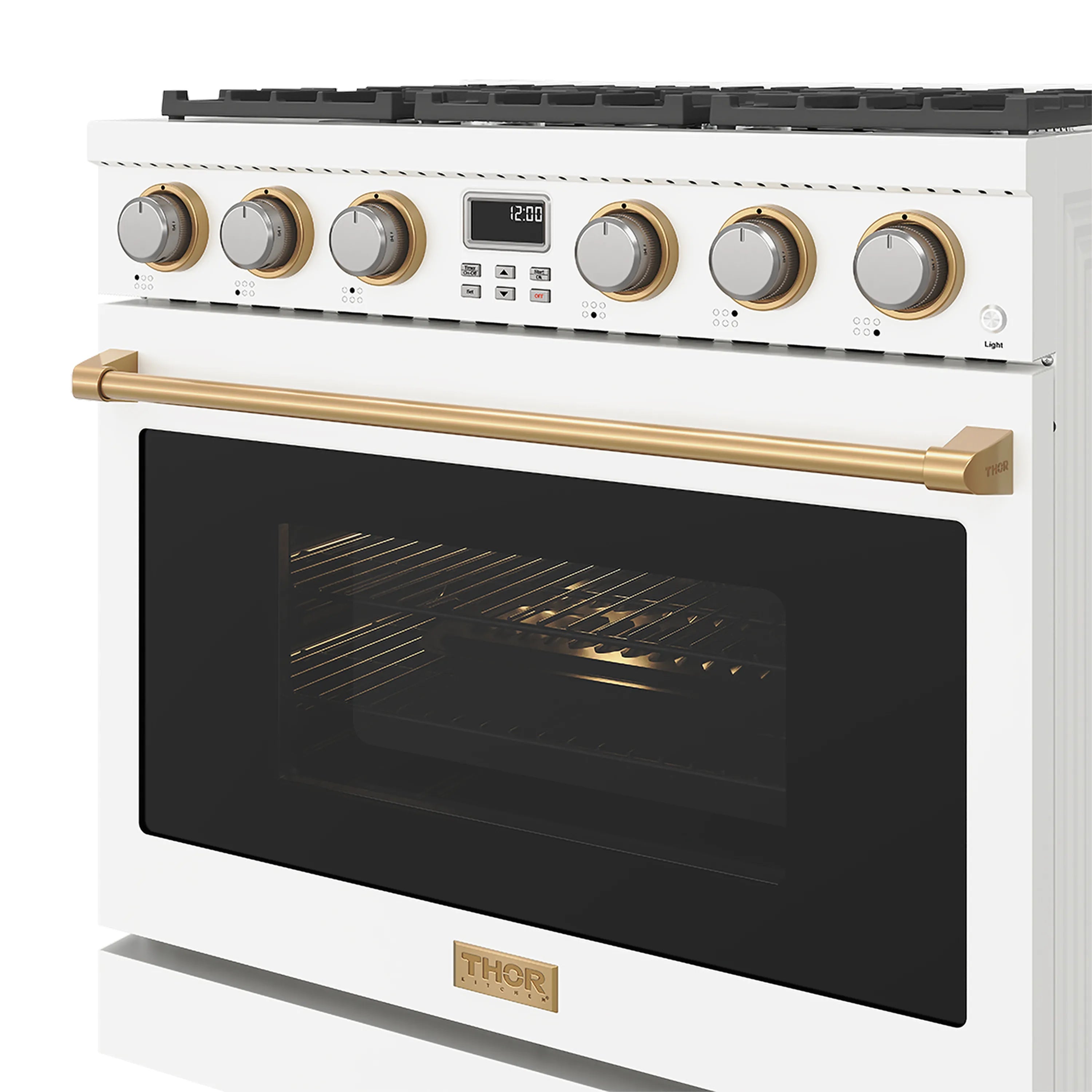 White gas range oven door with bronze handle, round control knobs, and digital display