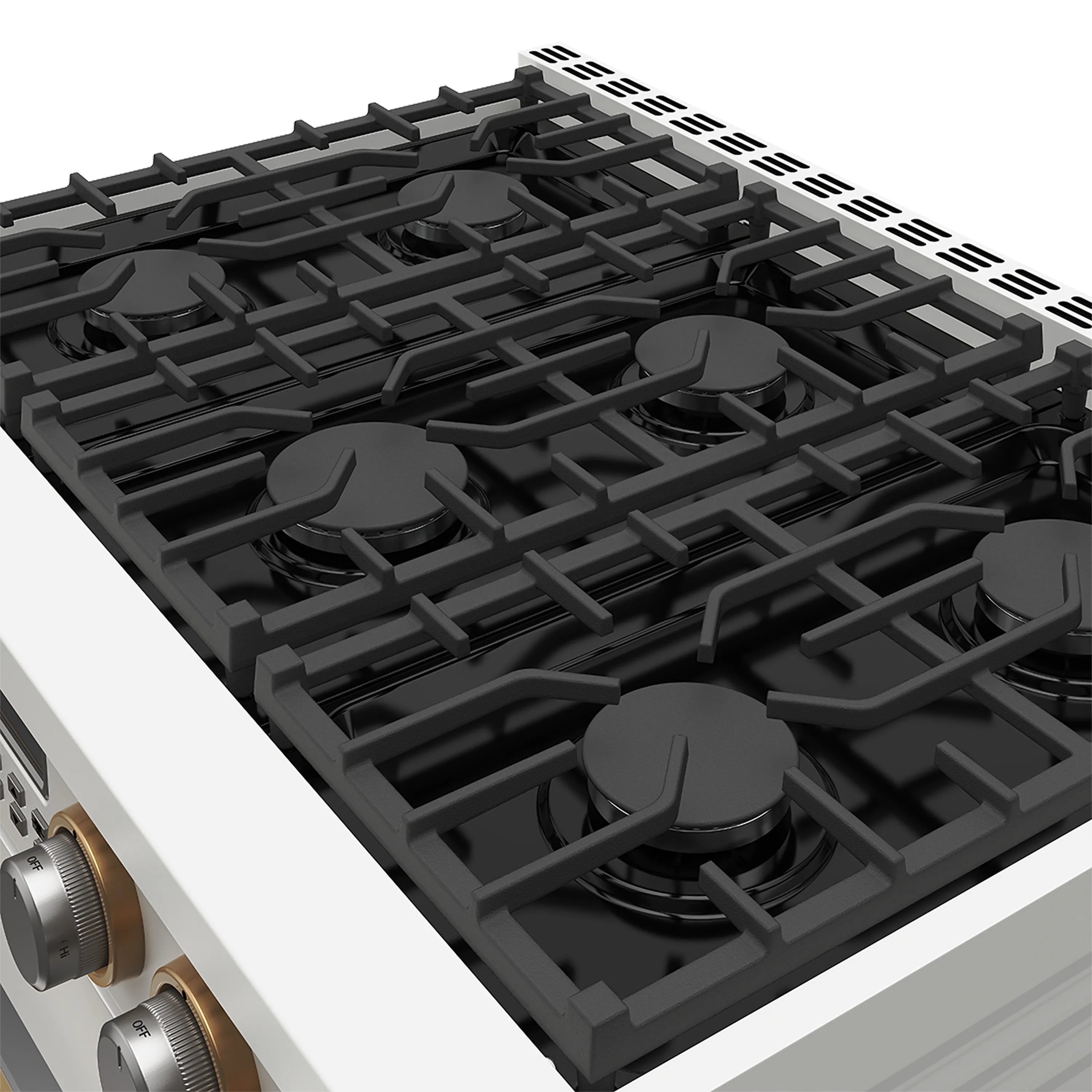 Black gas range cooktop with four cast-iron grates and burner caps