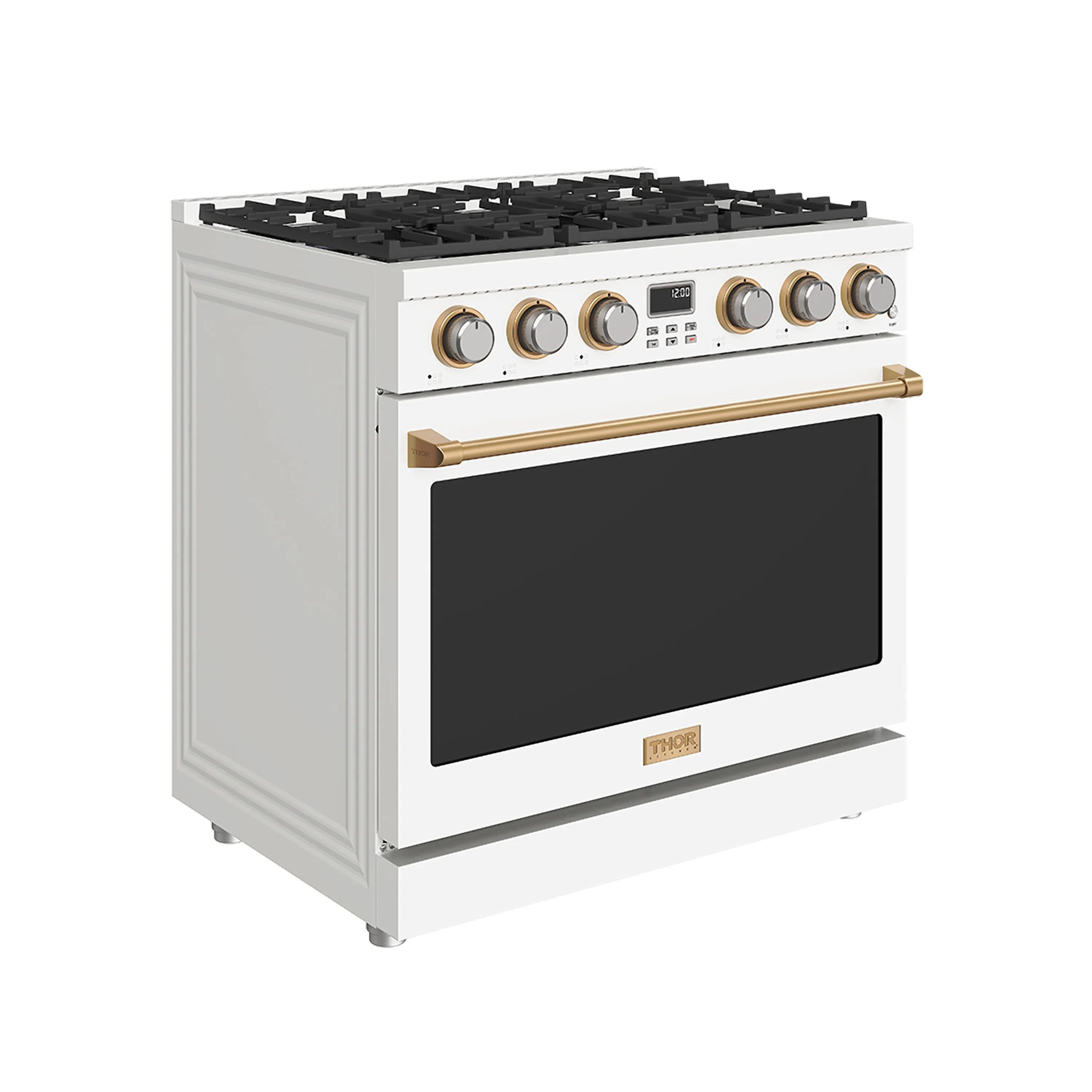 White gas range with bronze handle bar, black oven door, and front control knobs