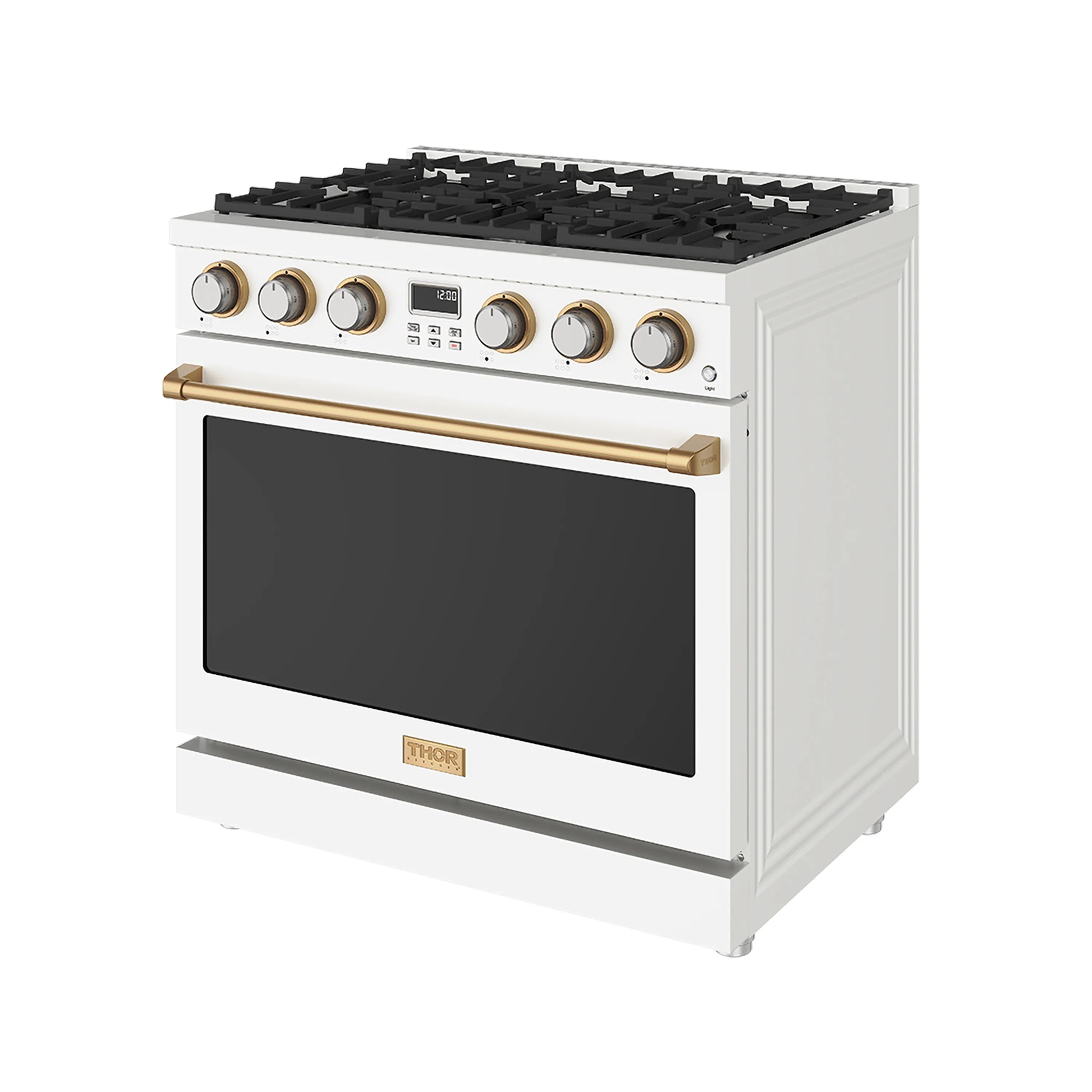 White gas range with black cooktop grates, bronze rail, and black oven door