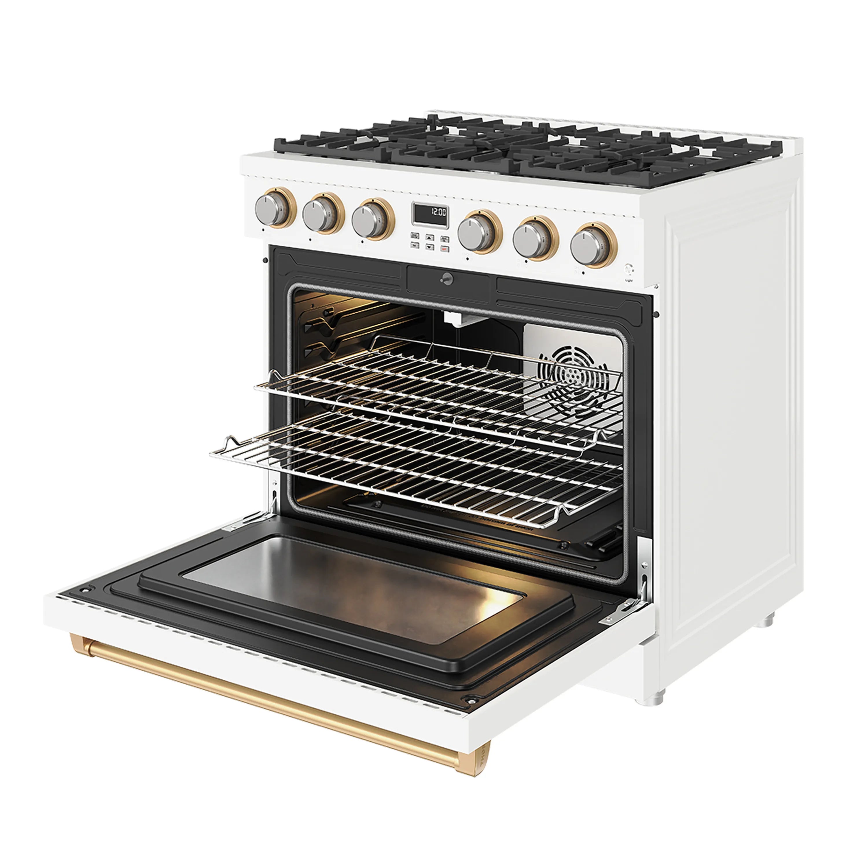 White gas range with open oven door and rear fan, wire racks, bronze control rail