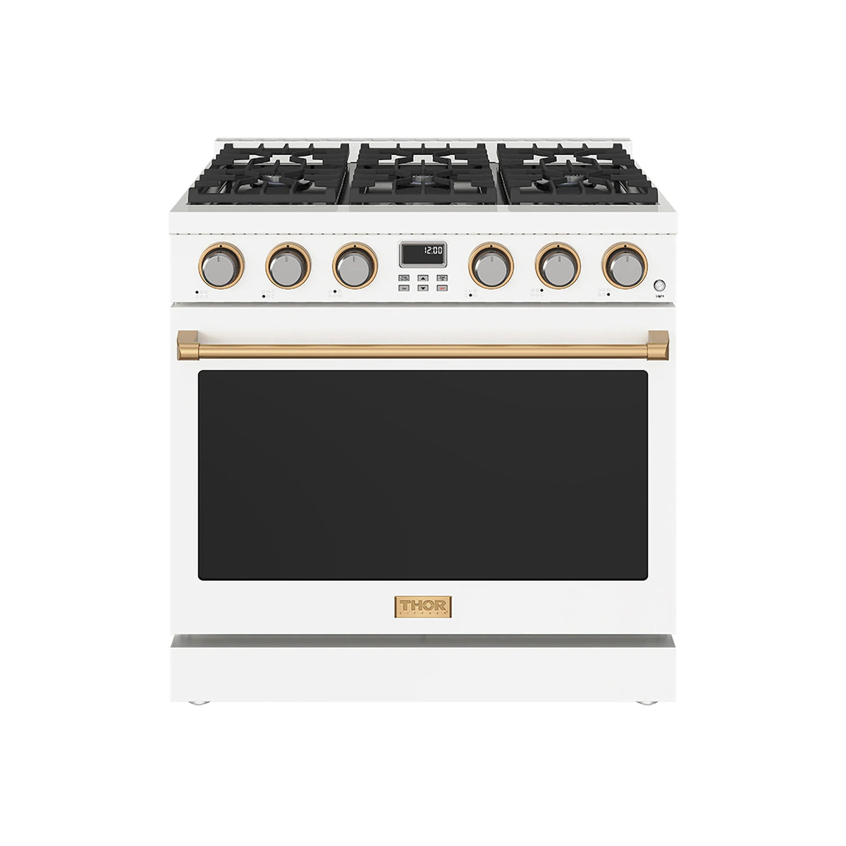 Thor Kitchen 4-Piece Appliance Package - 36-Inch Natural Gas Range, Counter-Depth Refrigerator, Wall Mount Hood, & Dishwasher in White with Bronze Trim