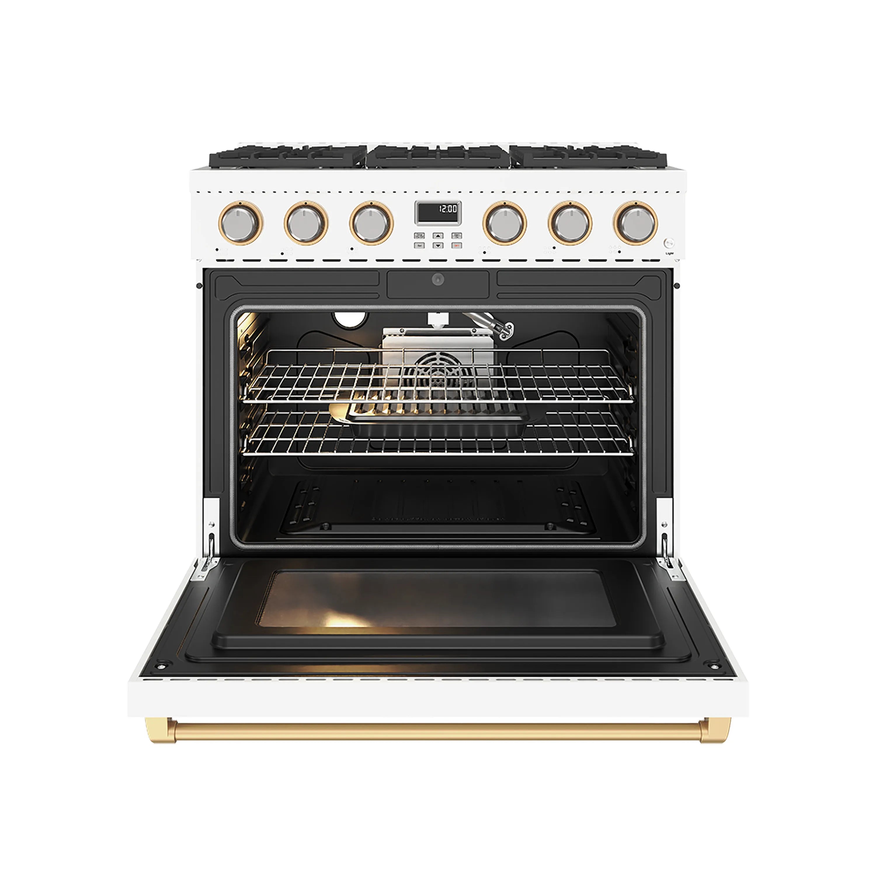 White gas range with oven door open, wire racks inside, bronze control knobs