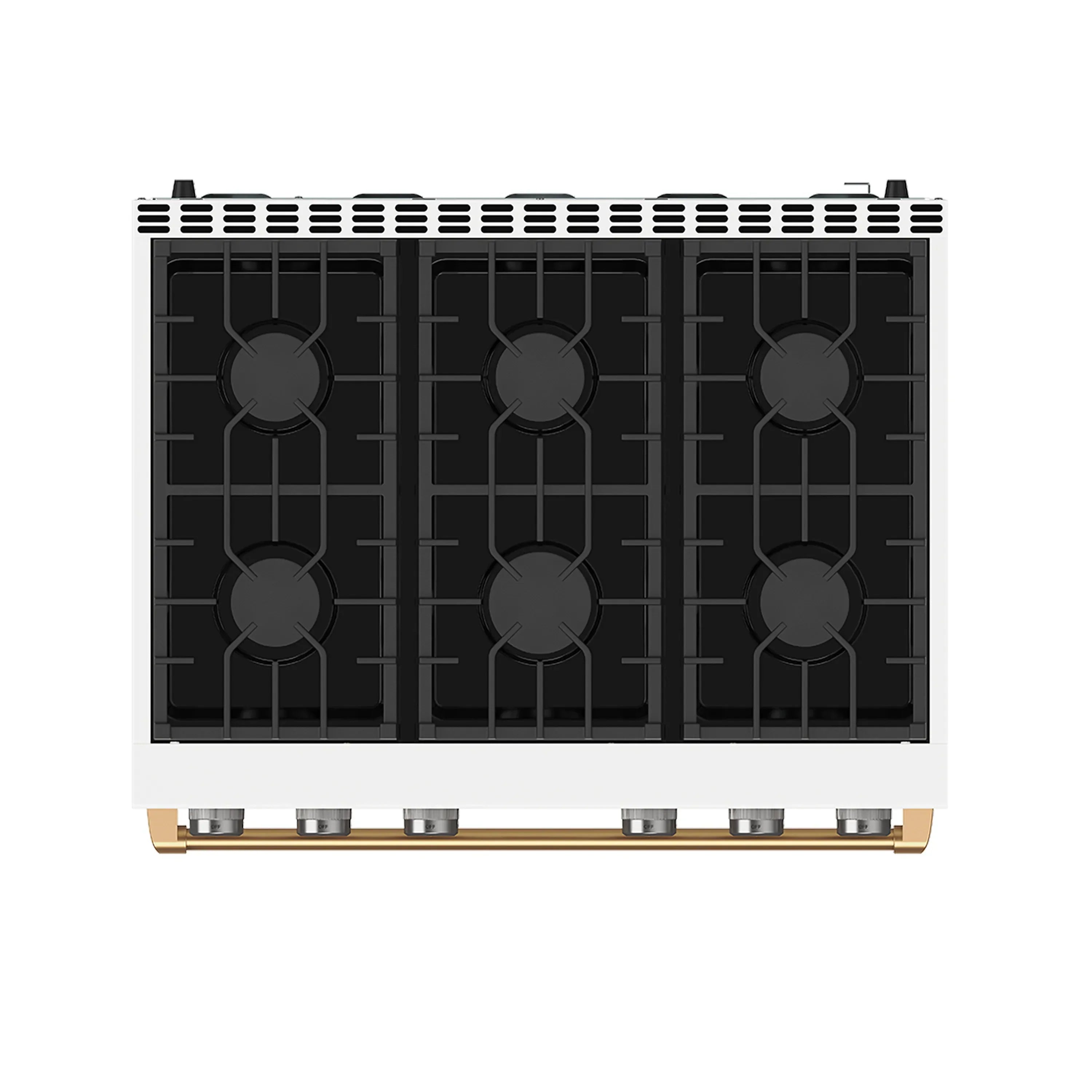 White gas range cooktop with black grates and bronze control rail