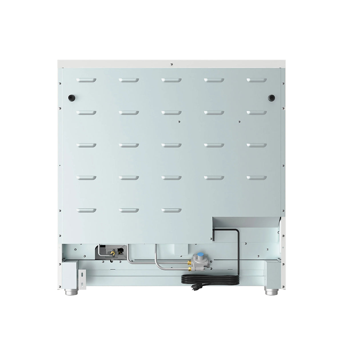 White gas range underside panel with burner components and gas connection fittings