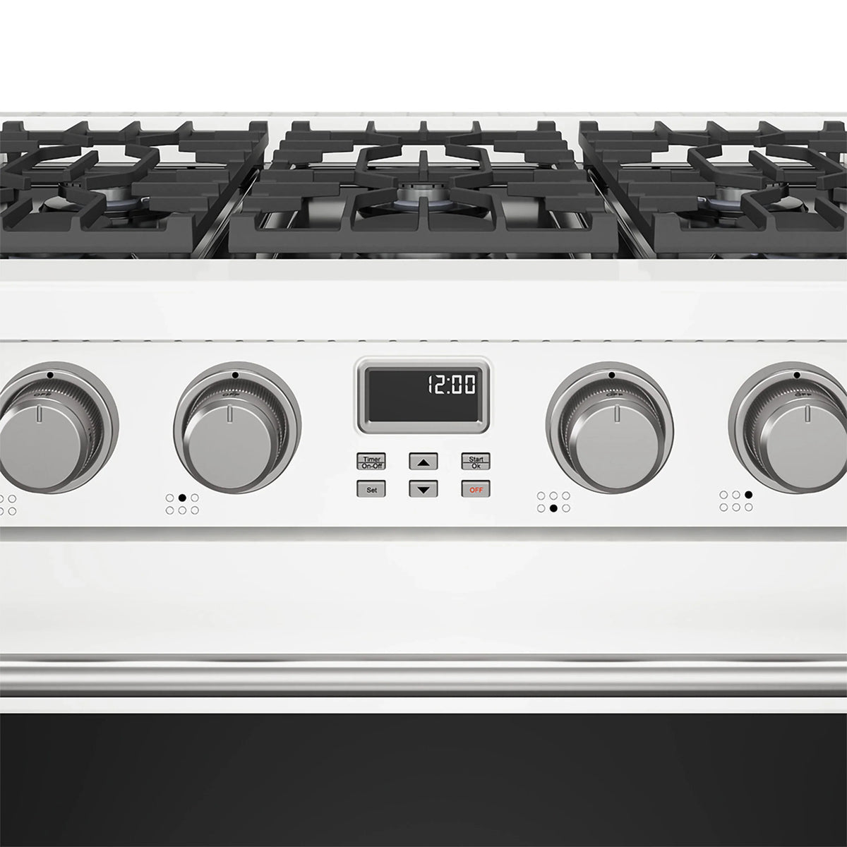 Stainless white gas range control panel with four black grates and control knobs