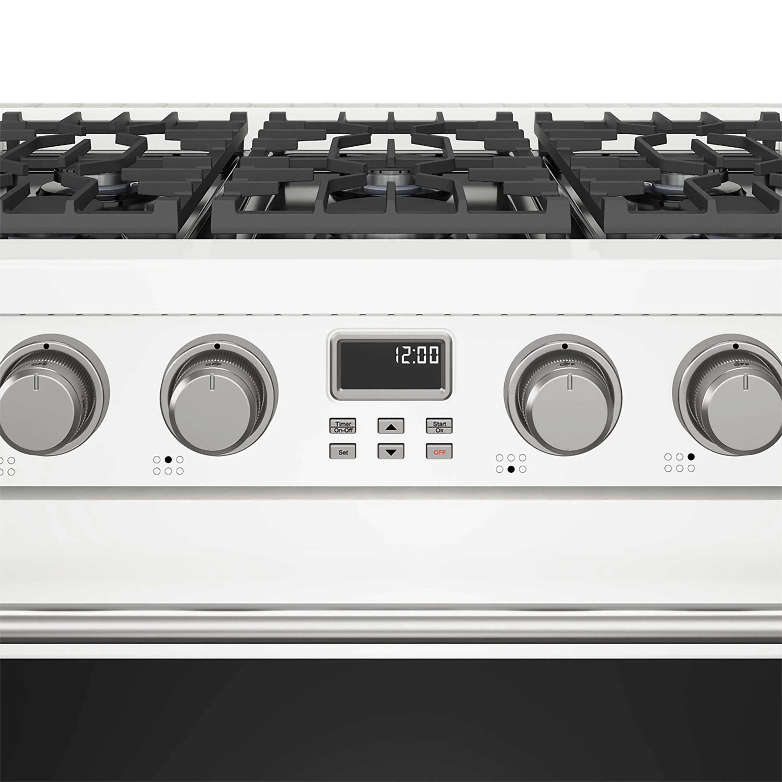 White 36-inch gas range cooktop with five black burner grates and stainless control panel