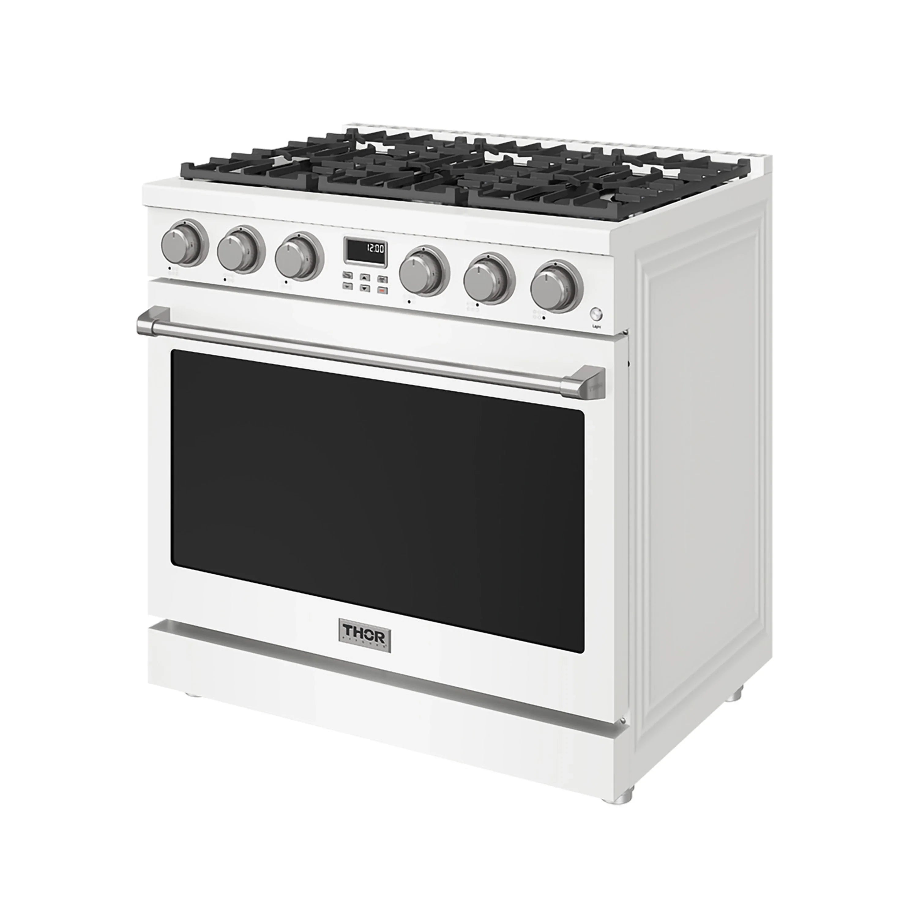 White gas range angled view with control knobs and black glass oven door