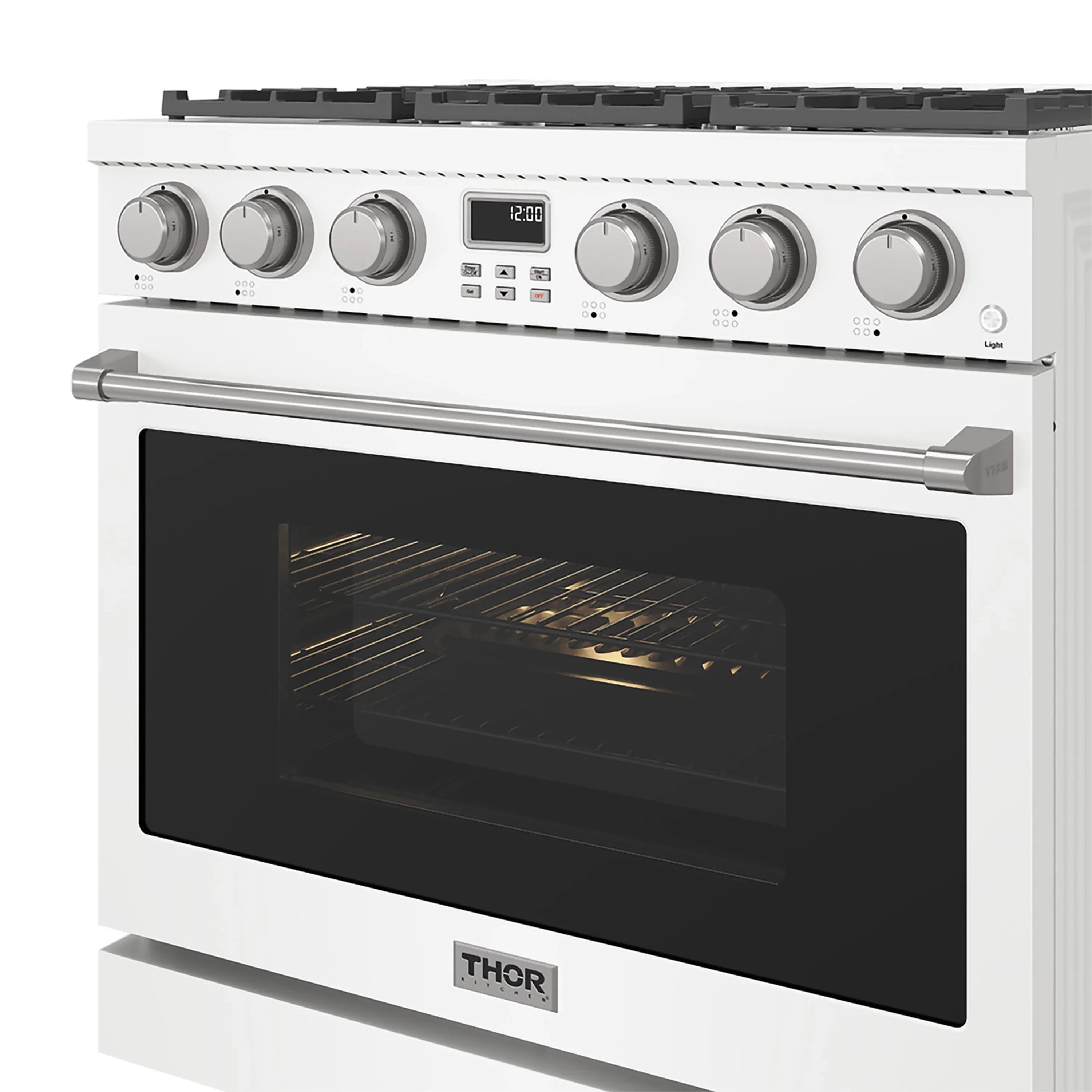 White gas range front with black oven window, control knobs, and long stainless handle