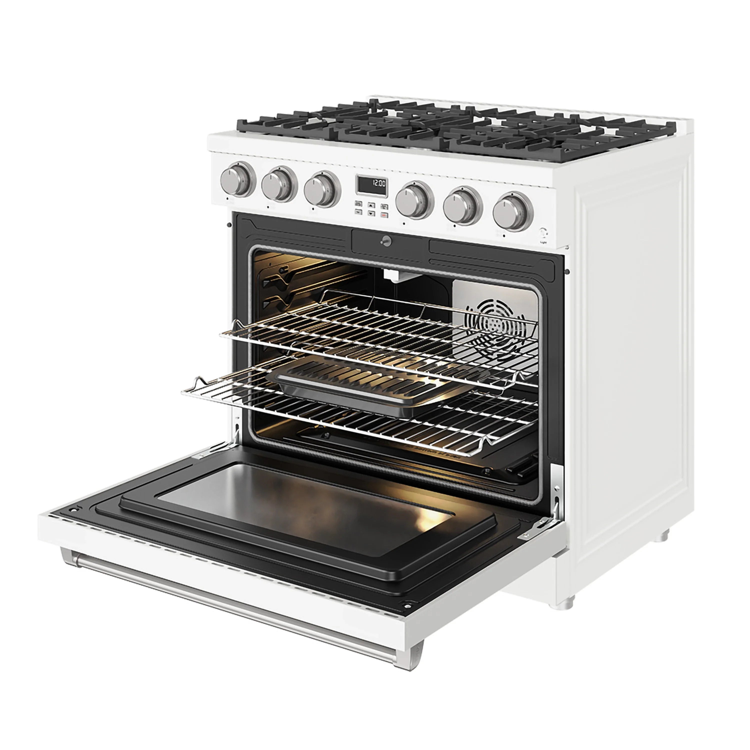 White gas range with oven door open and wire racks on two levels