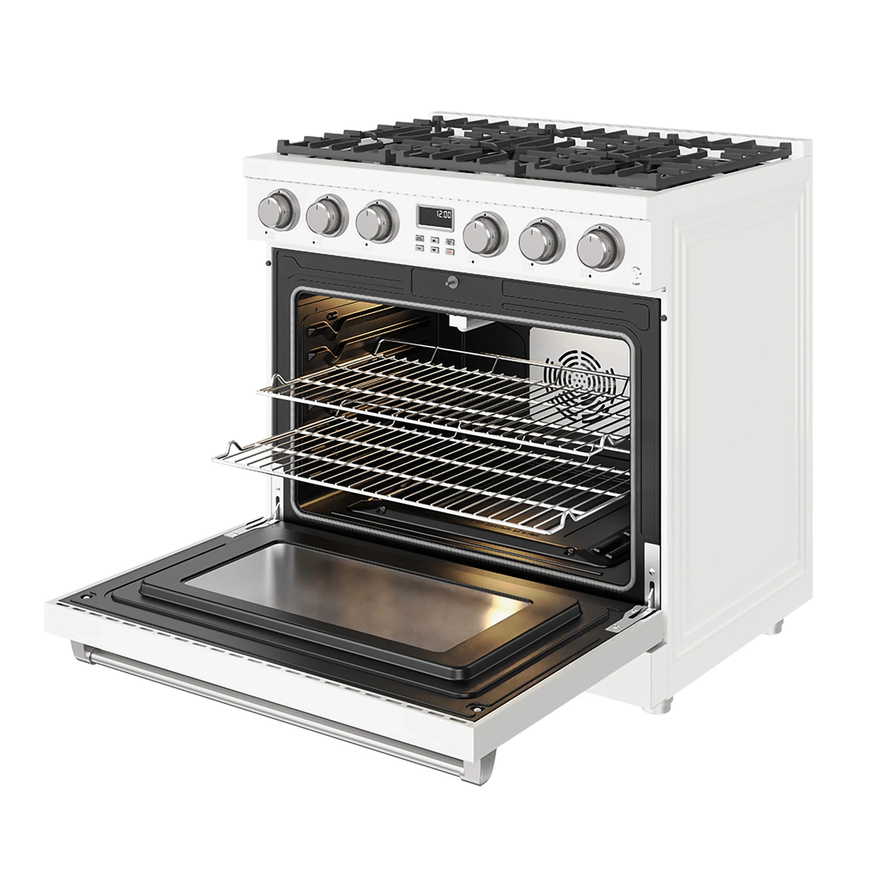 White gas range with oven door open, racks inside, and visible cooking interior