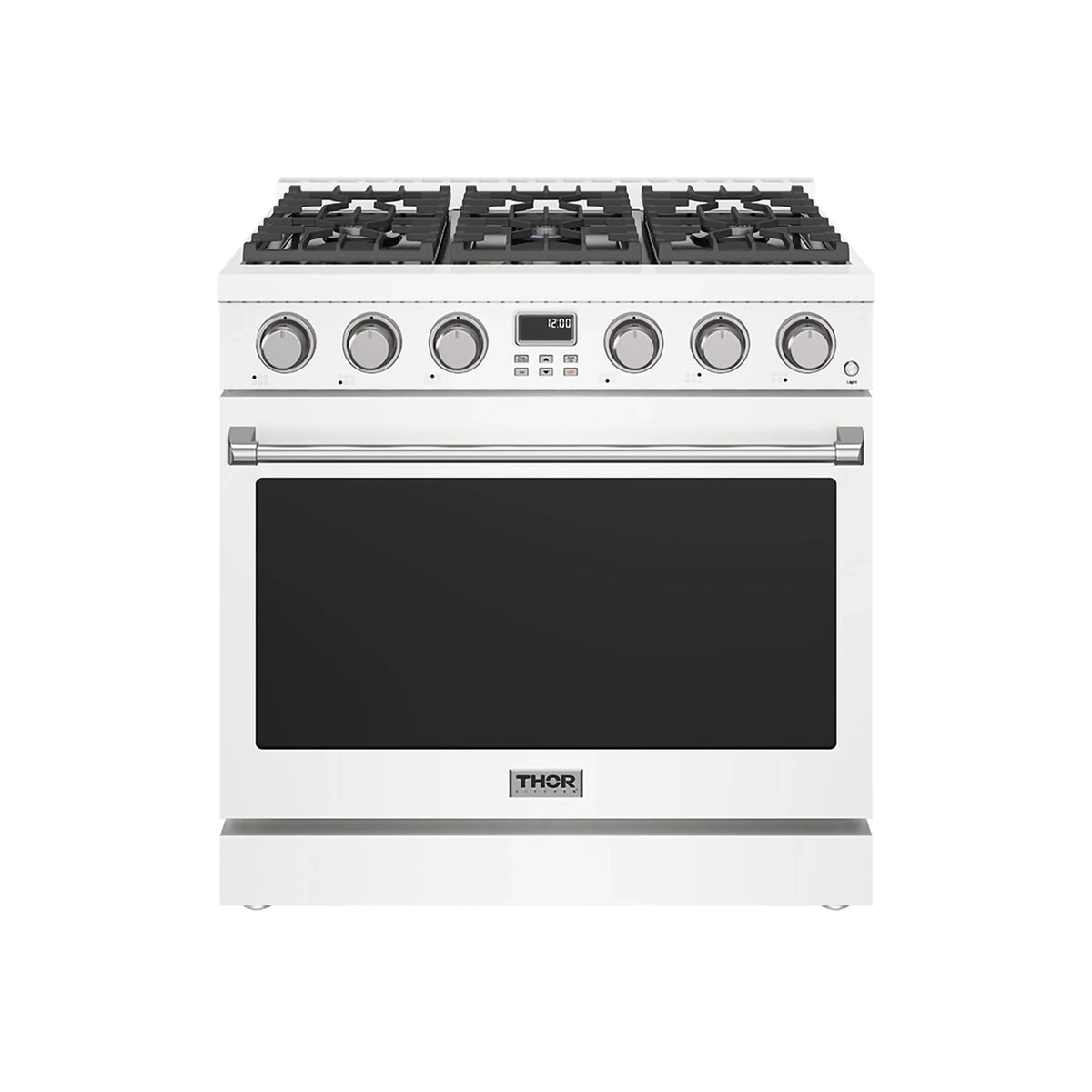 White 36-inch gas range with black window oven door and control knobs