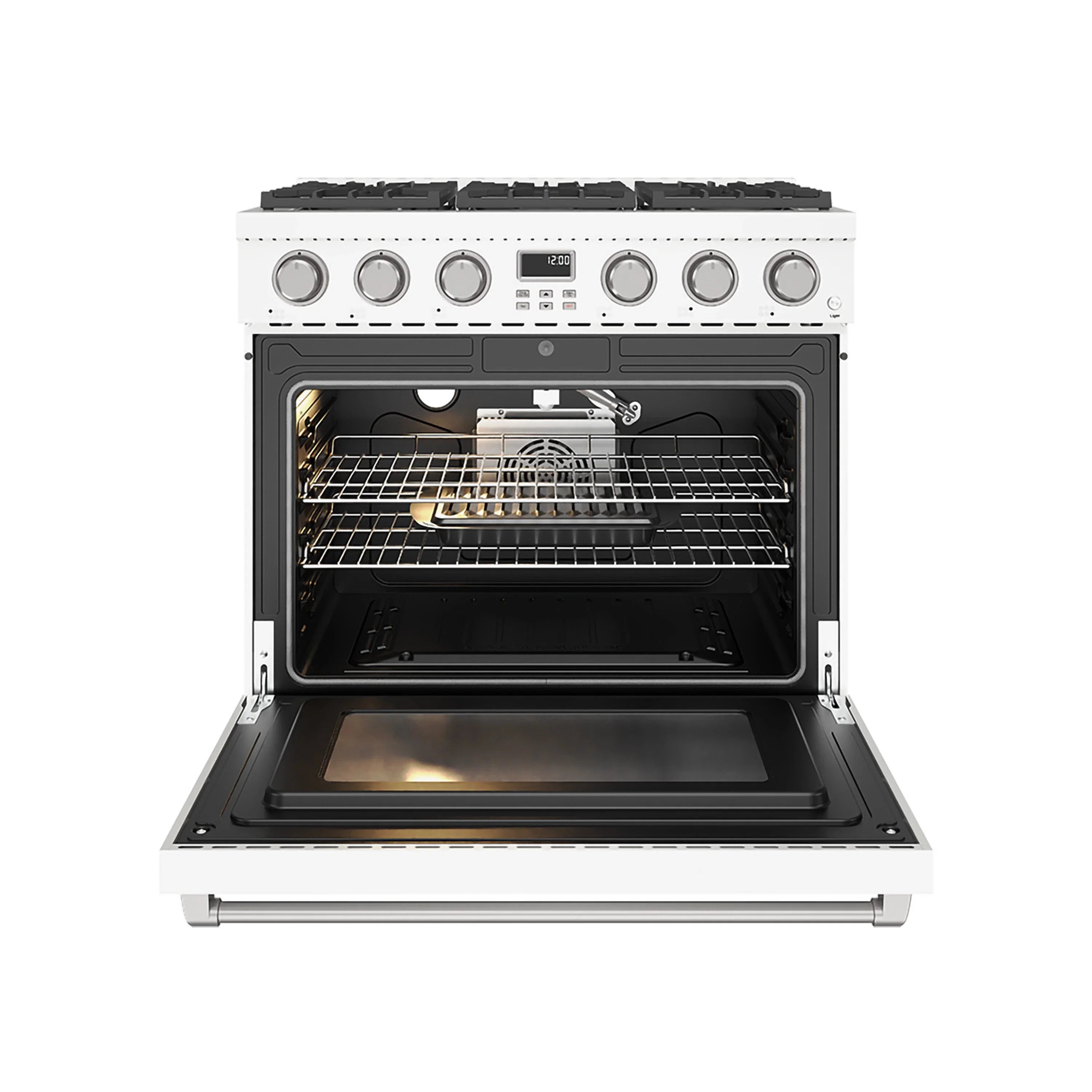White gas range with oven door open showing wire racks inside
