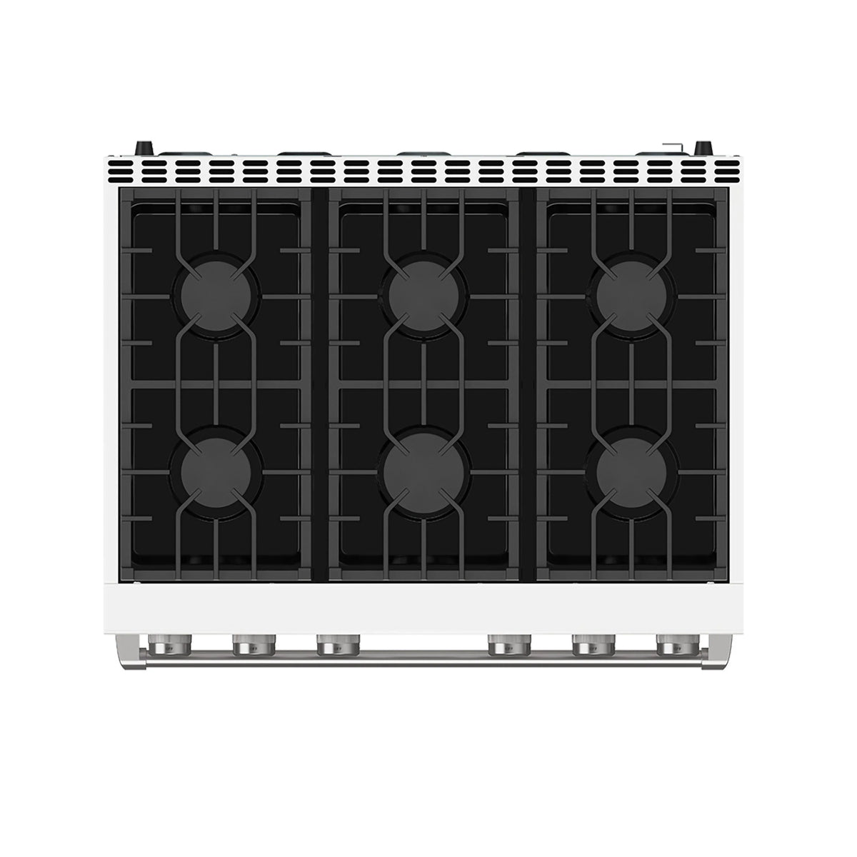 Thor Kitchen white gas range cooktop with six black burner grates