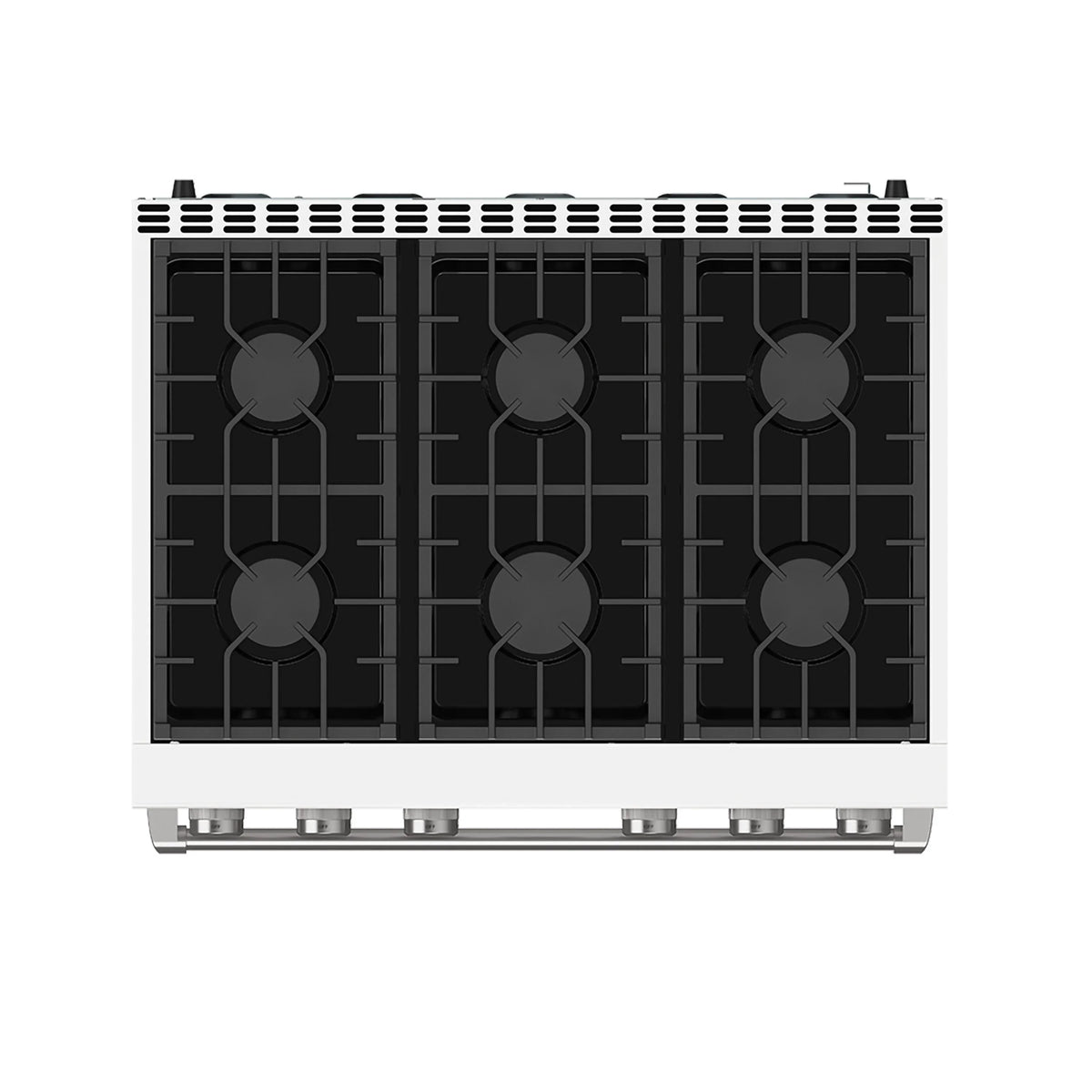 White gas range cooktop with three black burner grates and metal side controls