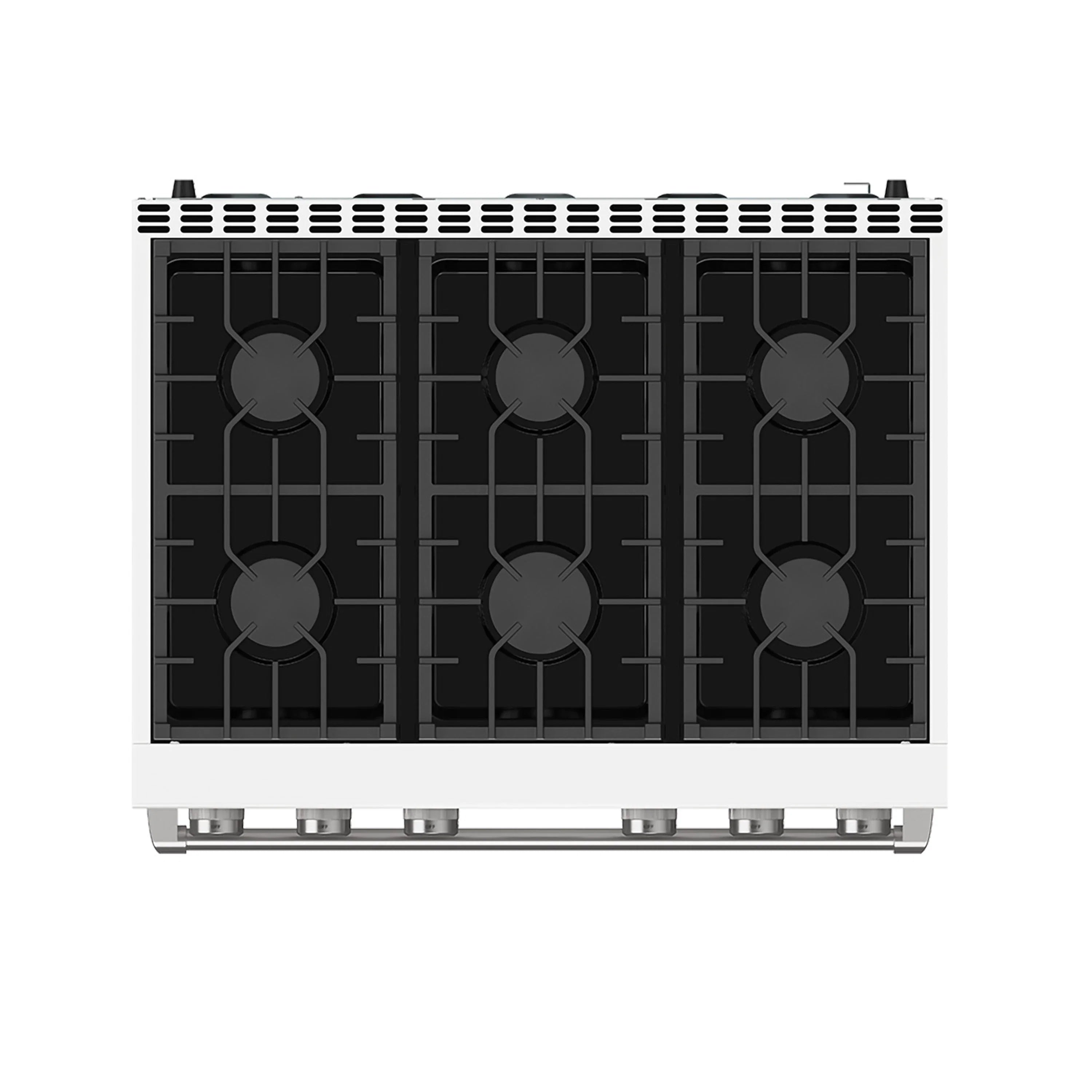 White gas range with three large front burner grates and black cooktop surface