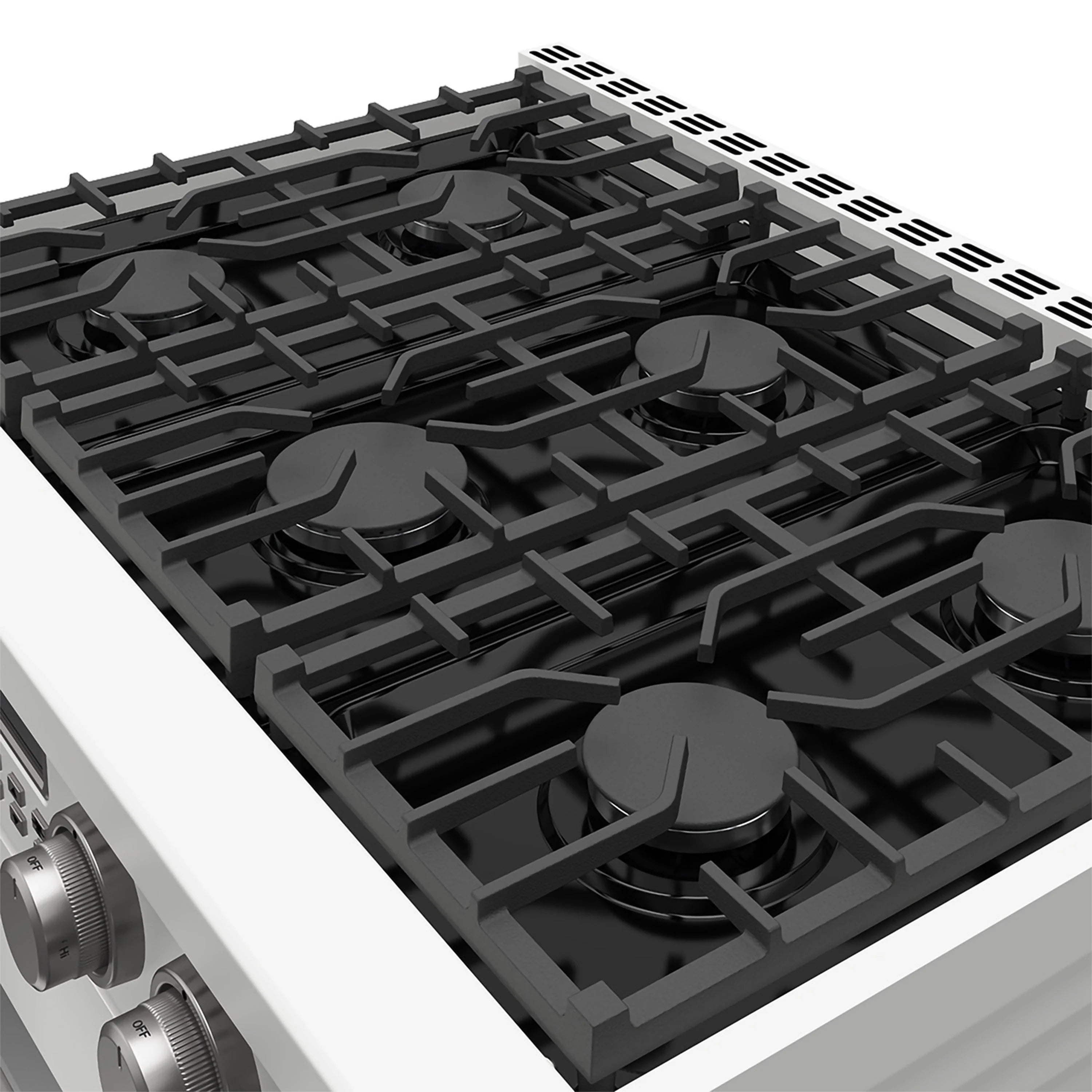 White gas range cooktop with black burner grates and burner caps