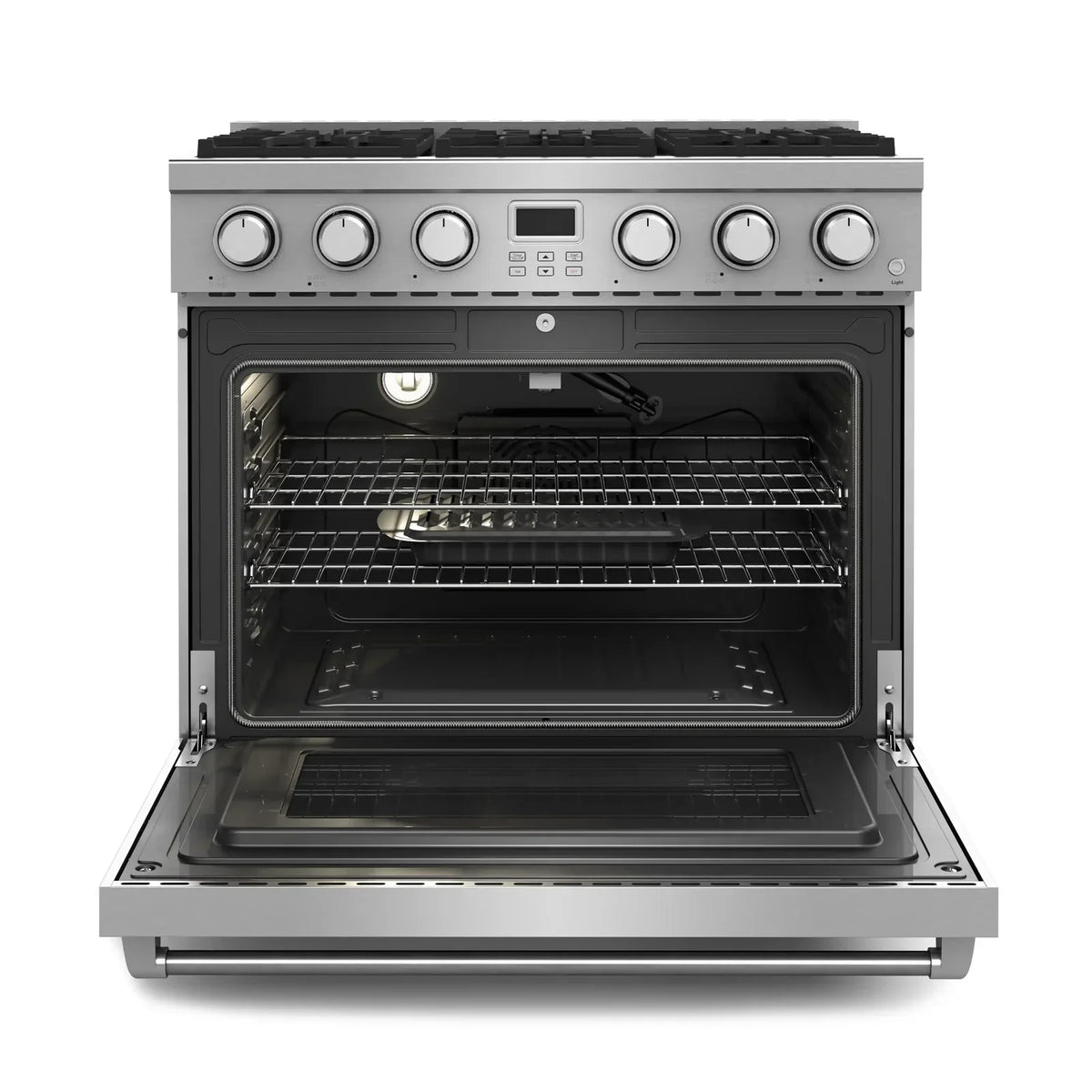 Stainless steel gas range with oven door open and wire racks inside