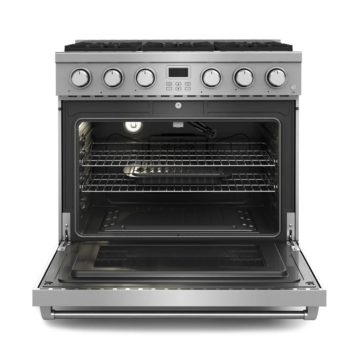 Stainless steel Thor gas range with open oven showing racks and interior walls