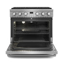 Stainless steel gas range oven door open with wire racks inside