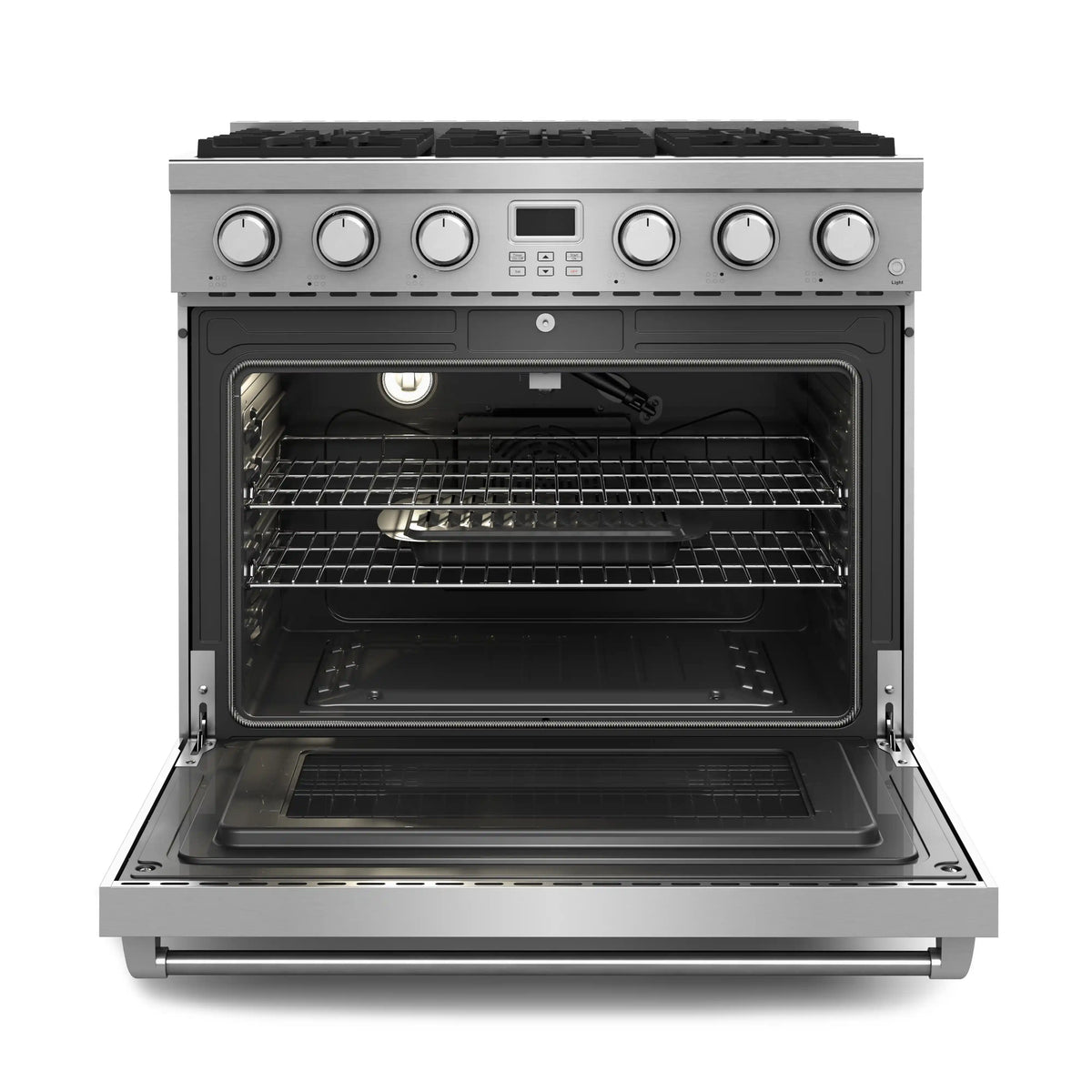Stainless steel gas range oven door open with wire racks inside