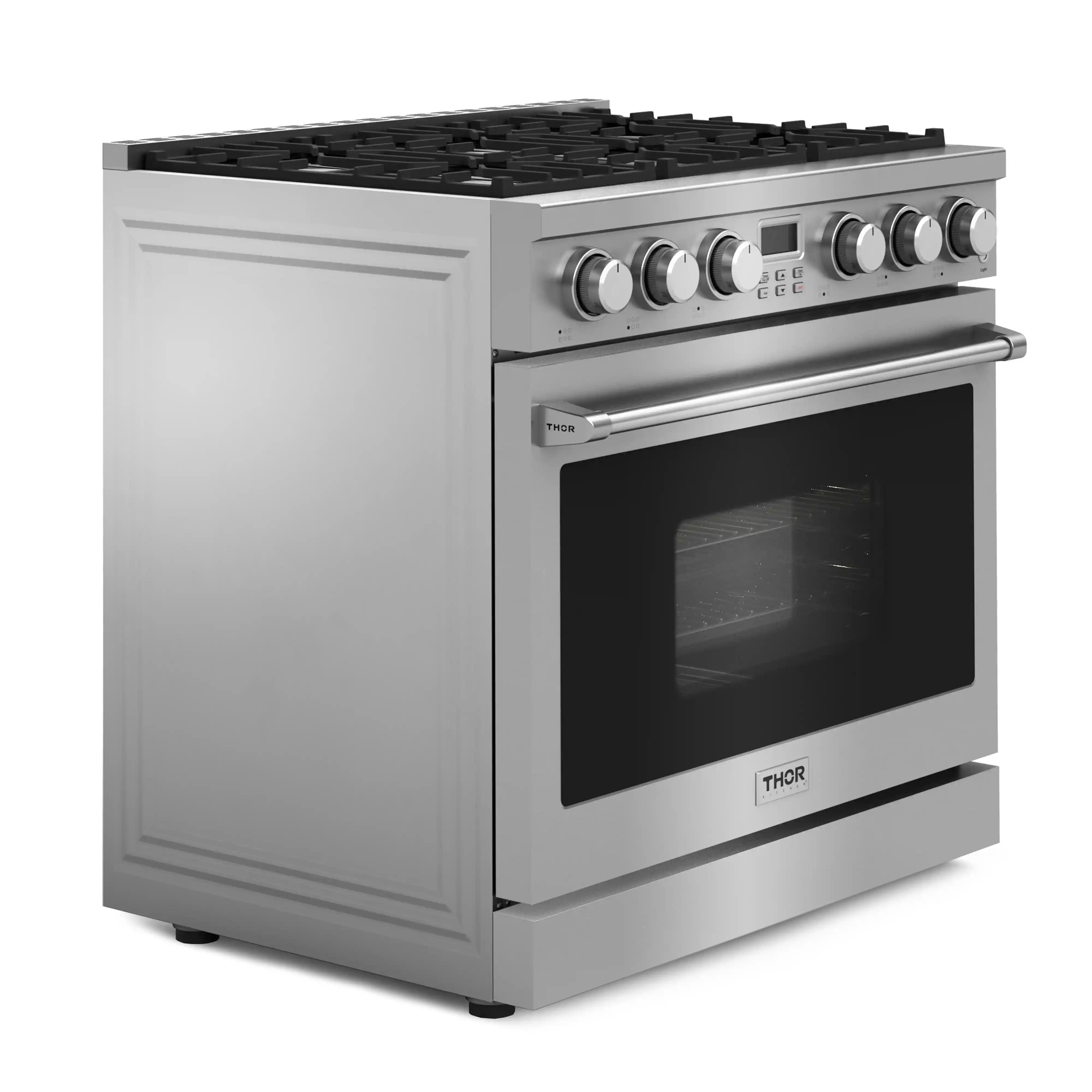 Stainless steel gas range side view with control panel and oven door