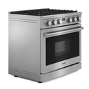 Stainless steel gas range side view with control panel and oven door