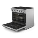 Stainless steel gas range with oven door open and lower tray extended
