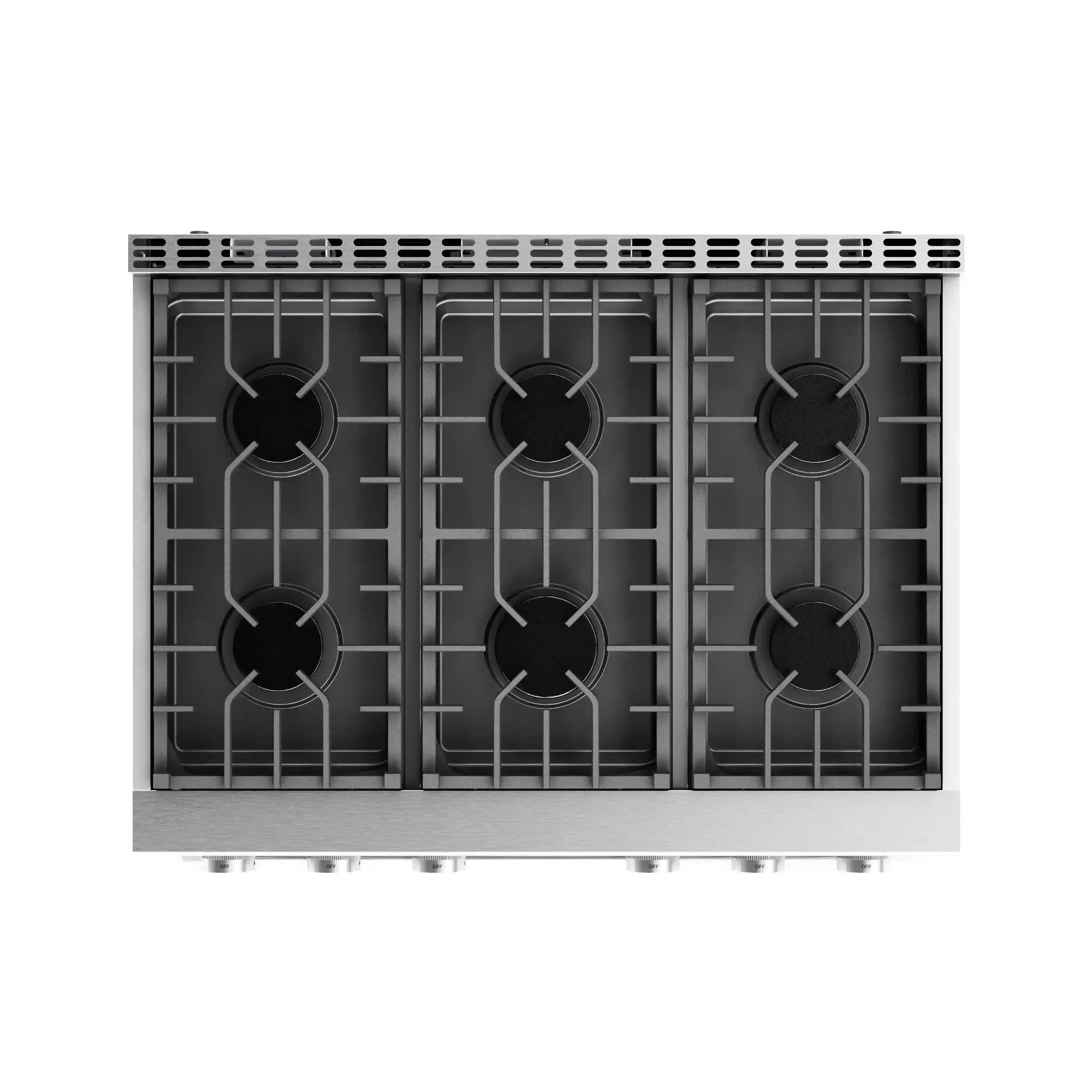 Stainless steel gas range cooktop with six burners and black grates
