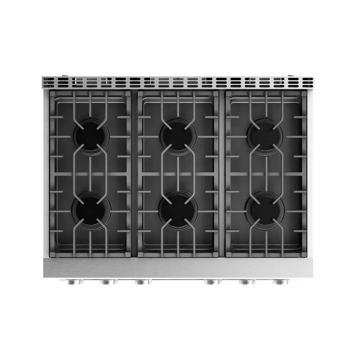 Stainless steel gas cooktop with six burner grates