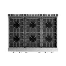 Stainless steel gas range cooktop with six burners and black grates