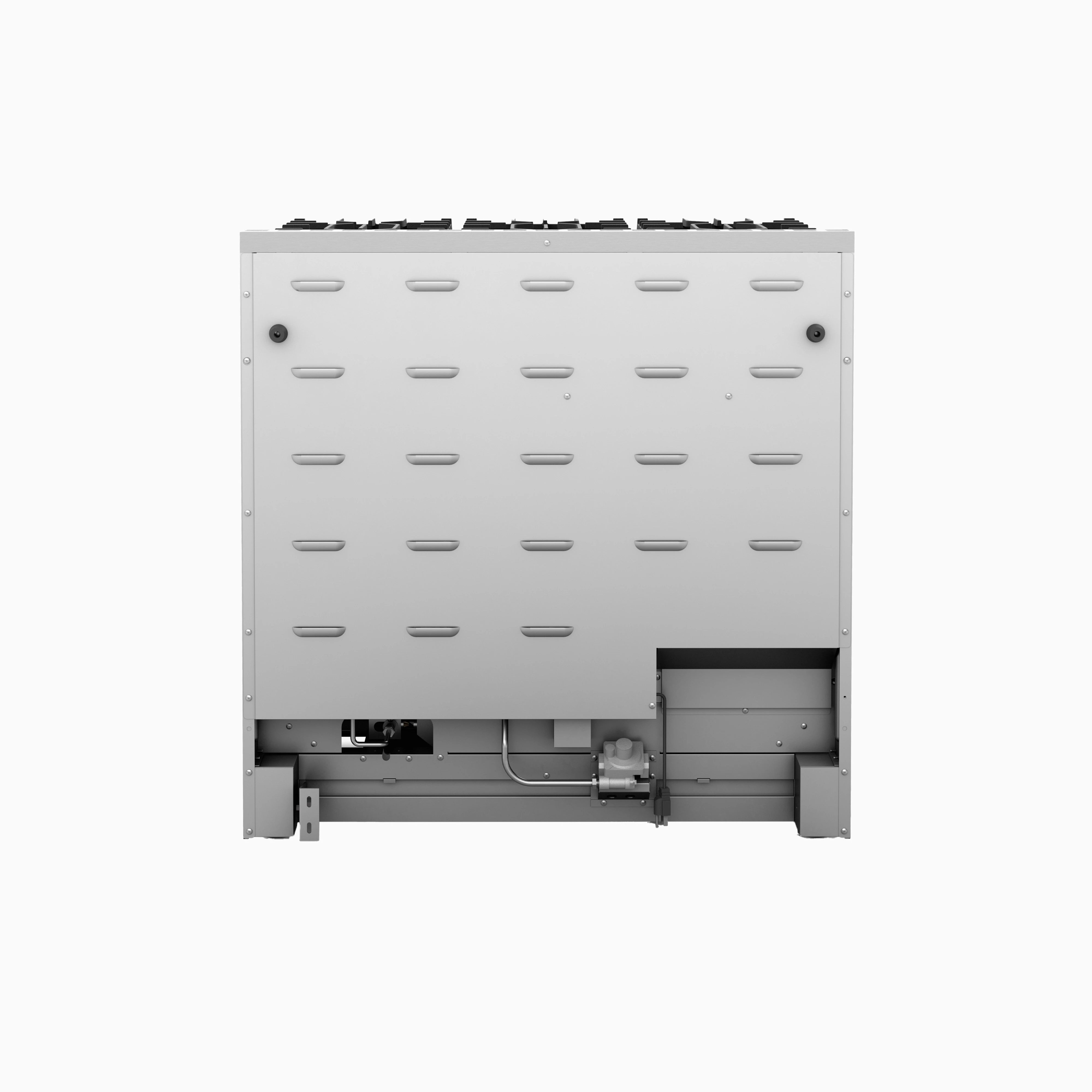Stainless steel gas range rear view with exposed connections and vents