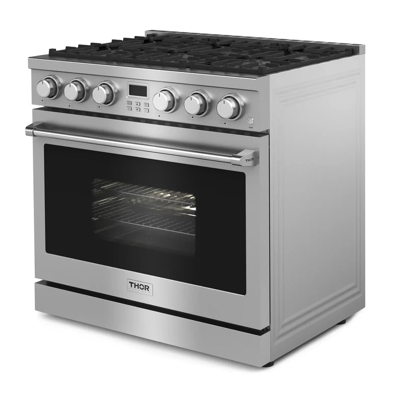 Thor Kitchen A-Series 4-Piece Appliance Package - 36-Inch Propane Gas Range, Pro-Style Wall Mount Range Hood, Refrigerator, and Dishwasher in Stainless Steel