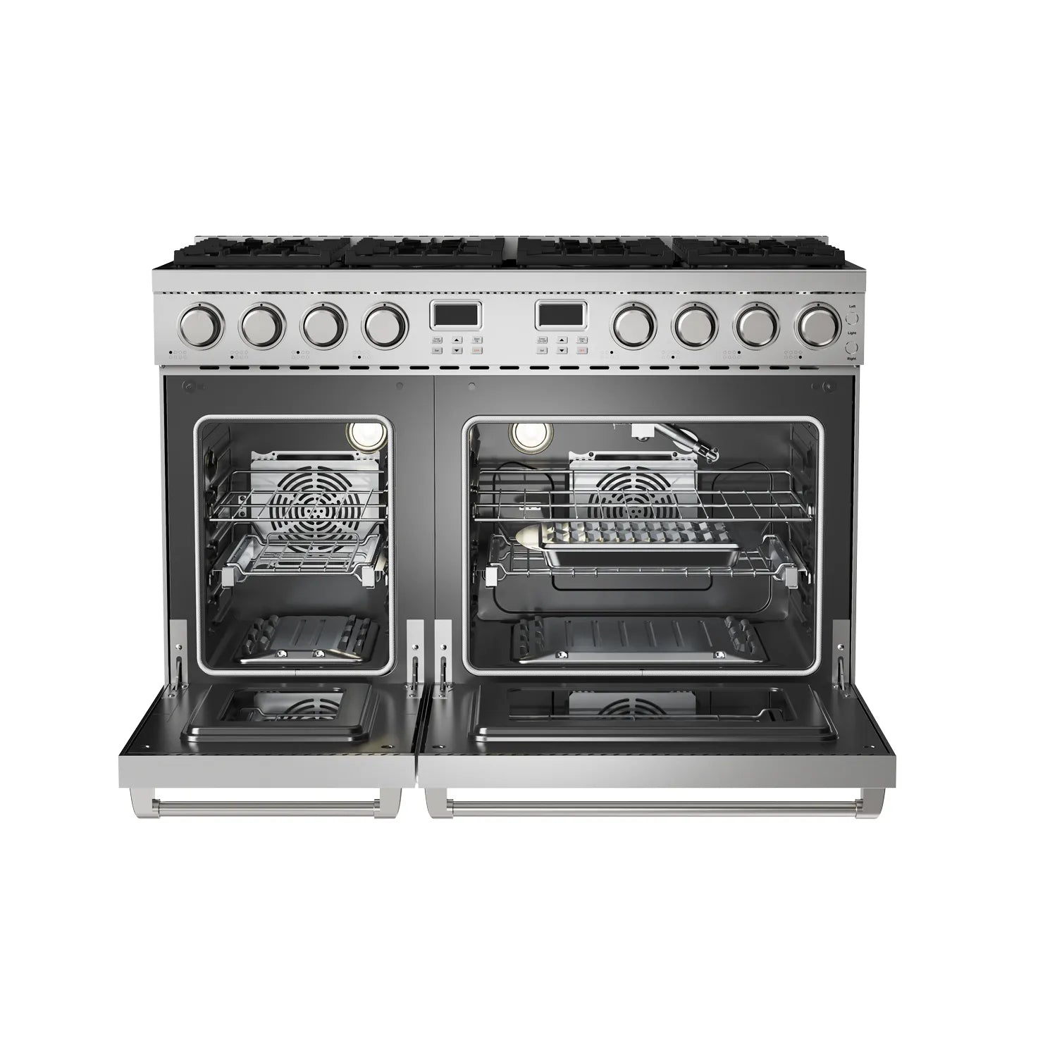 Stainless steel gas range with dual ovens open, showing racks and burners