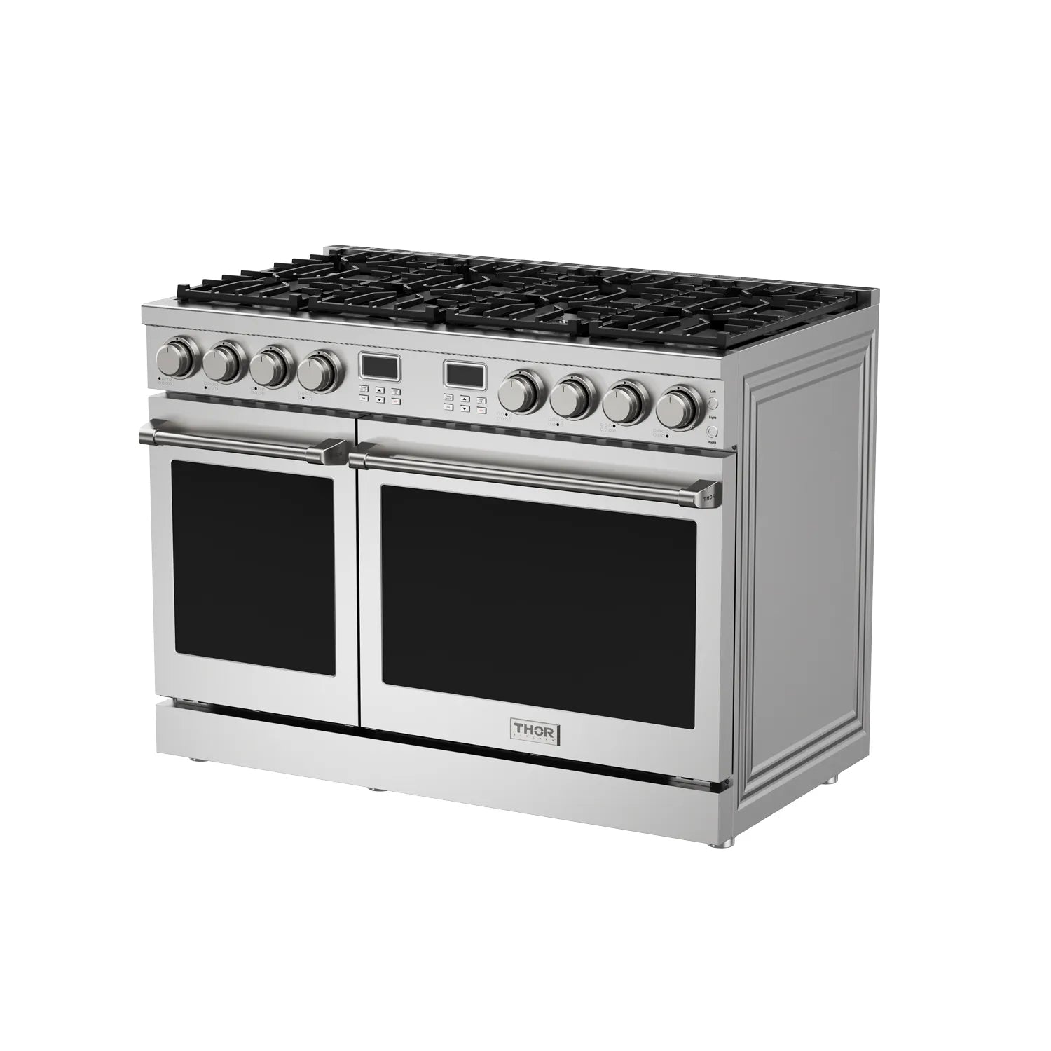 Stainless steel gas range with black cooktop grates and dual ovens