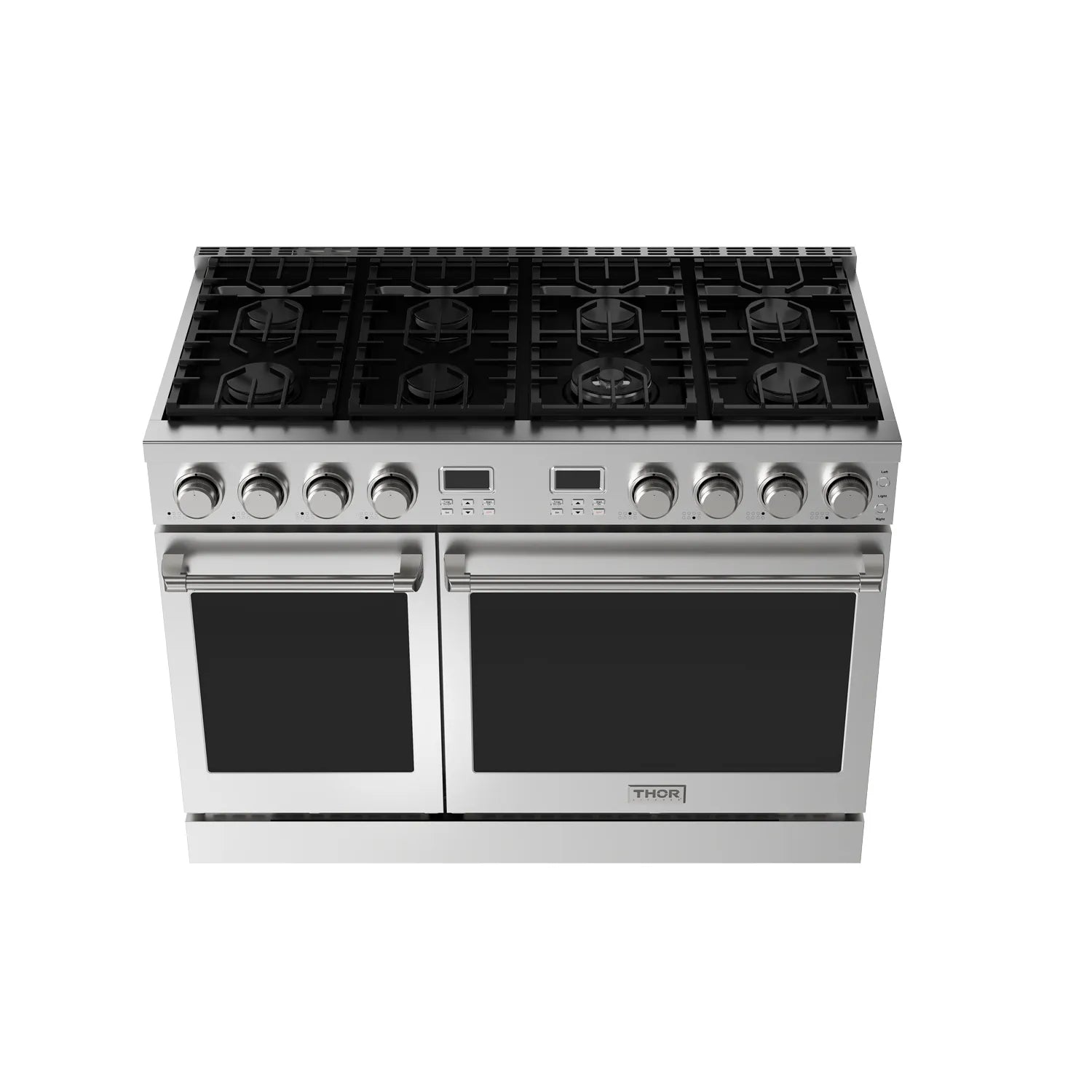 Stainless steel gas range with cooktop grates and two closed oven doors