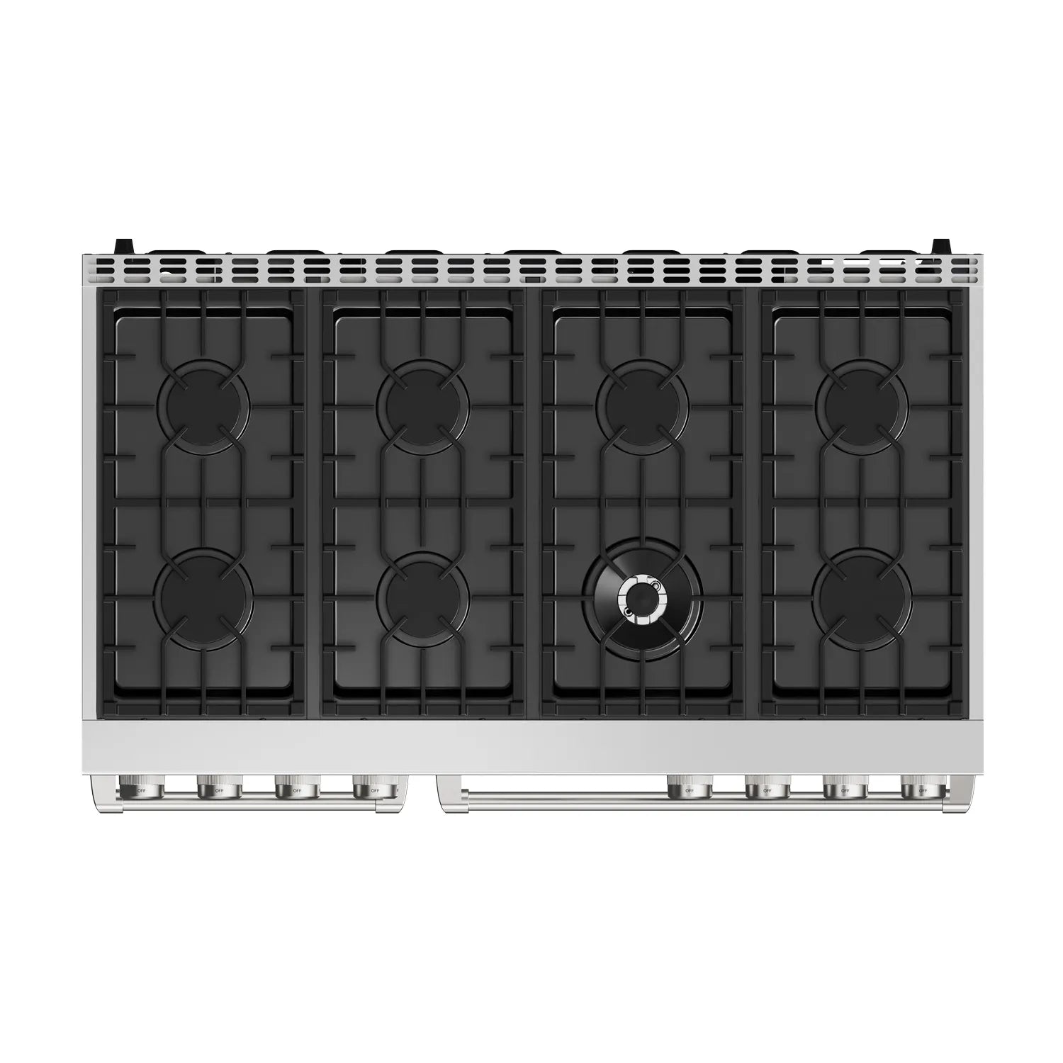 Gas range cooktop with black grates and four burner positions
