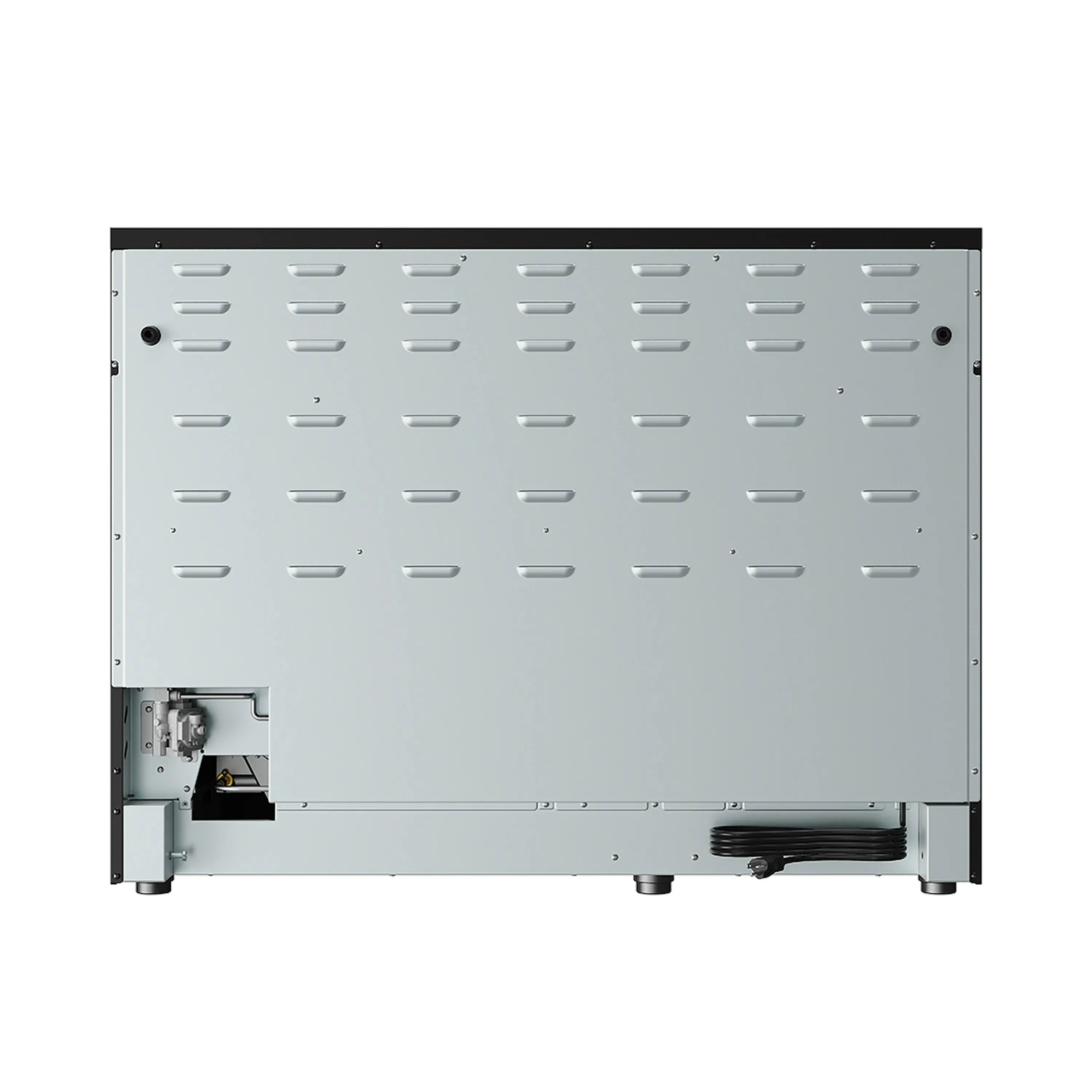 Black gas range back panel with vented grille and side connections