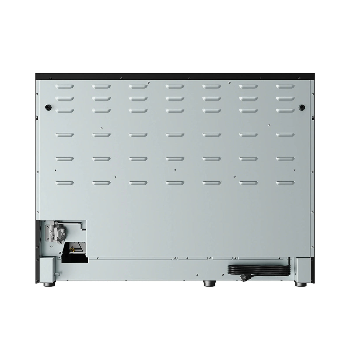 Appliance unit back panel with vented metal plate and side access opening