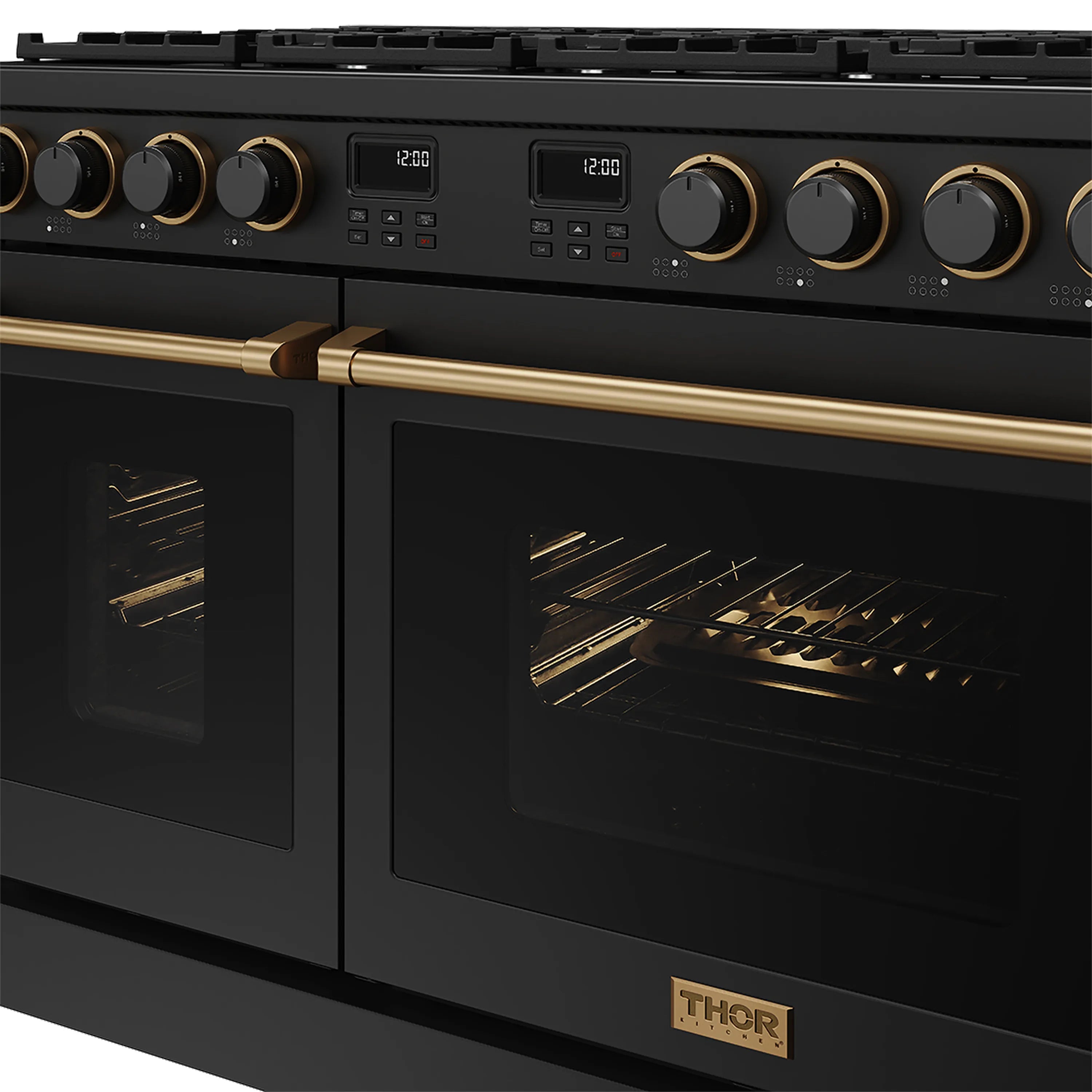 Gas range control panel with bronze accents and open oven door showing racks.