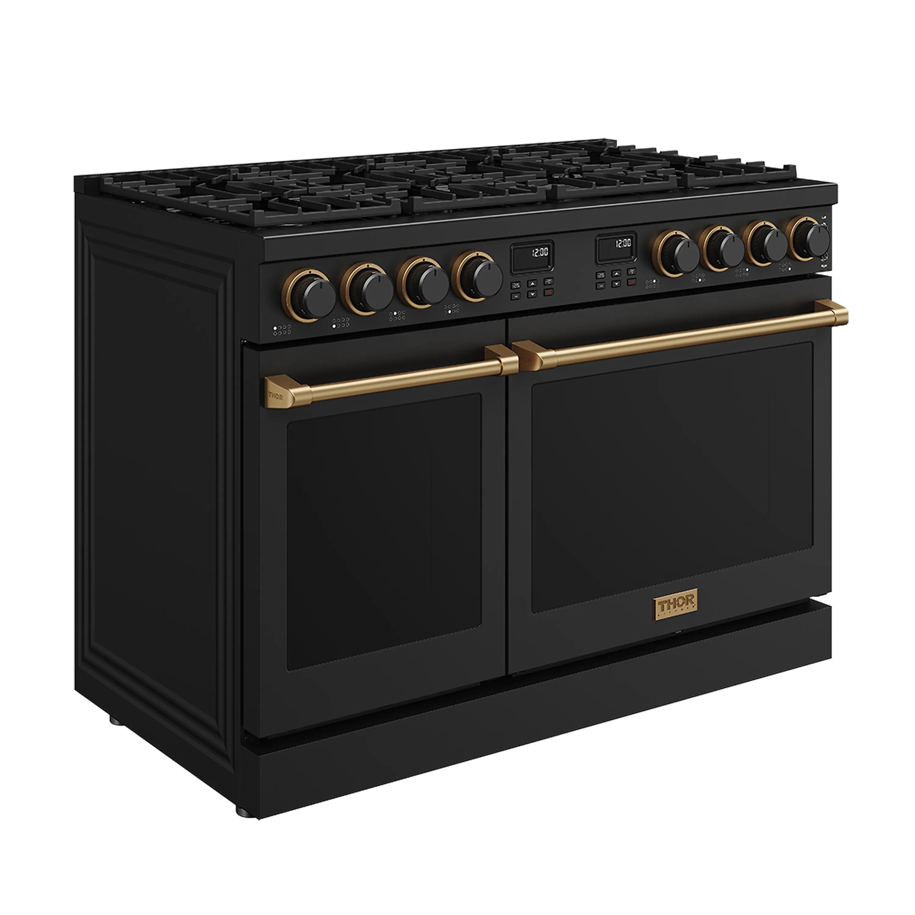 Black gas range with bronze handle bars and top control knobs, dual oven doors.